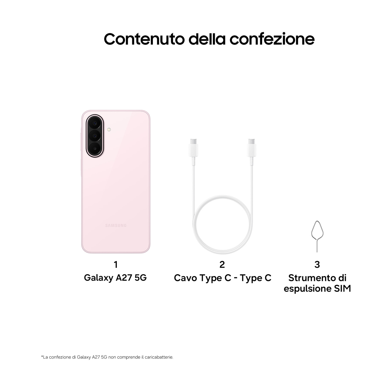 Contenuto della confezione: Un Samsung Galaxy A27 5G rosa, cavo di ricarica, strumento SIM.
