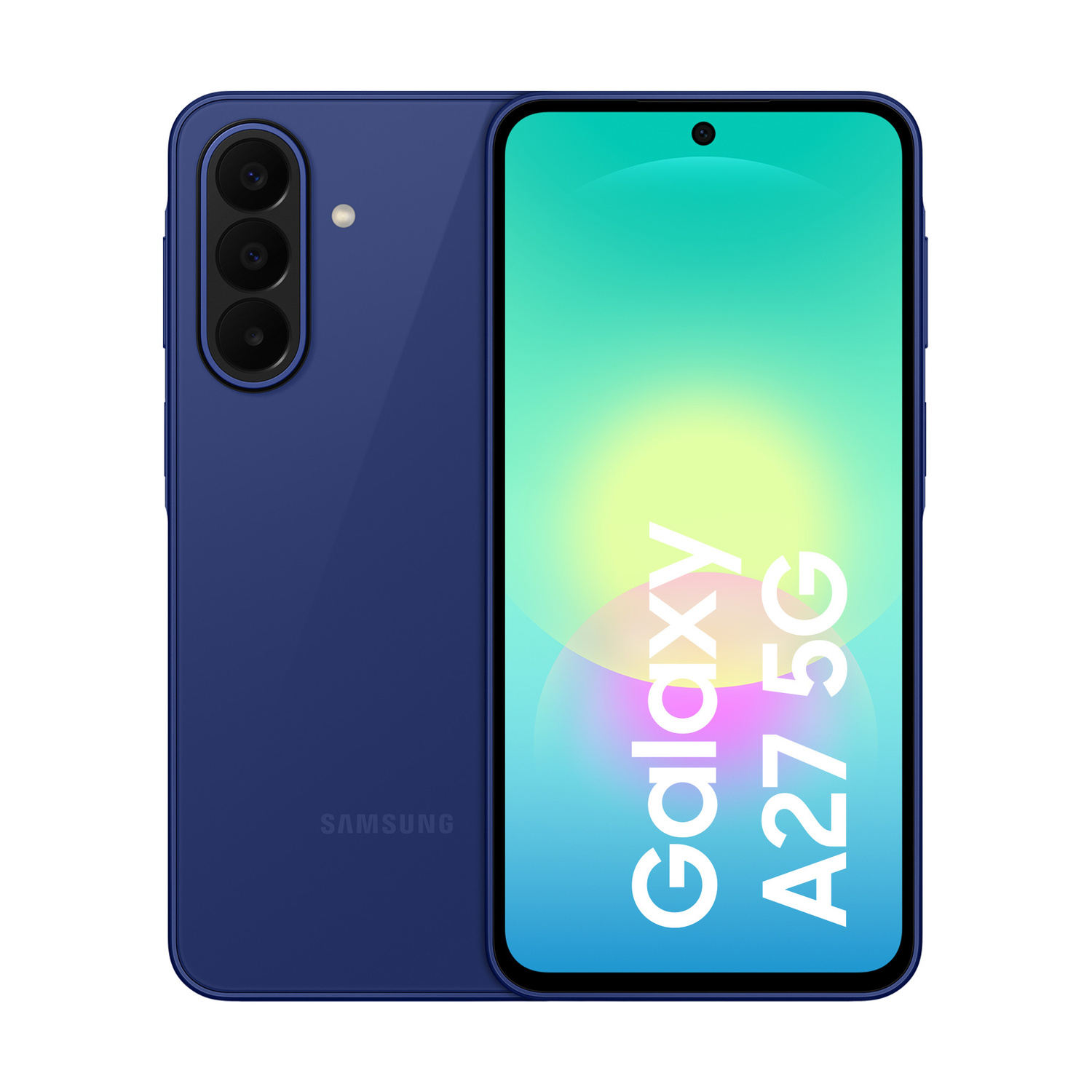 Uno smartphone Samsung Galaxy A27 5G blu scuro è mostrato verticalmente.