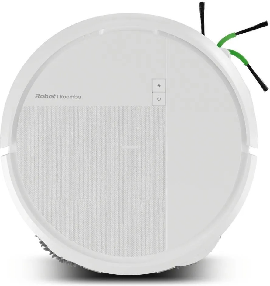 Biały robot sprzątający z logo iRobot Roomba i dwoma przyciskami.