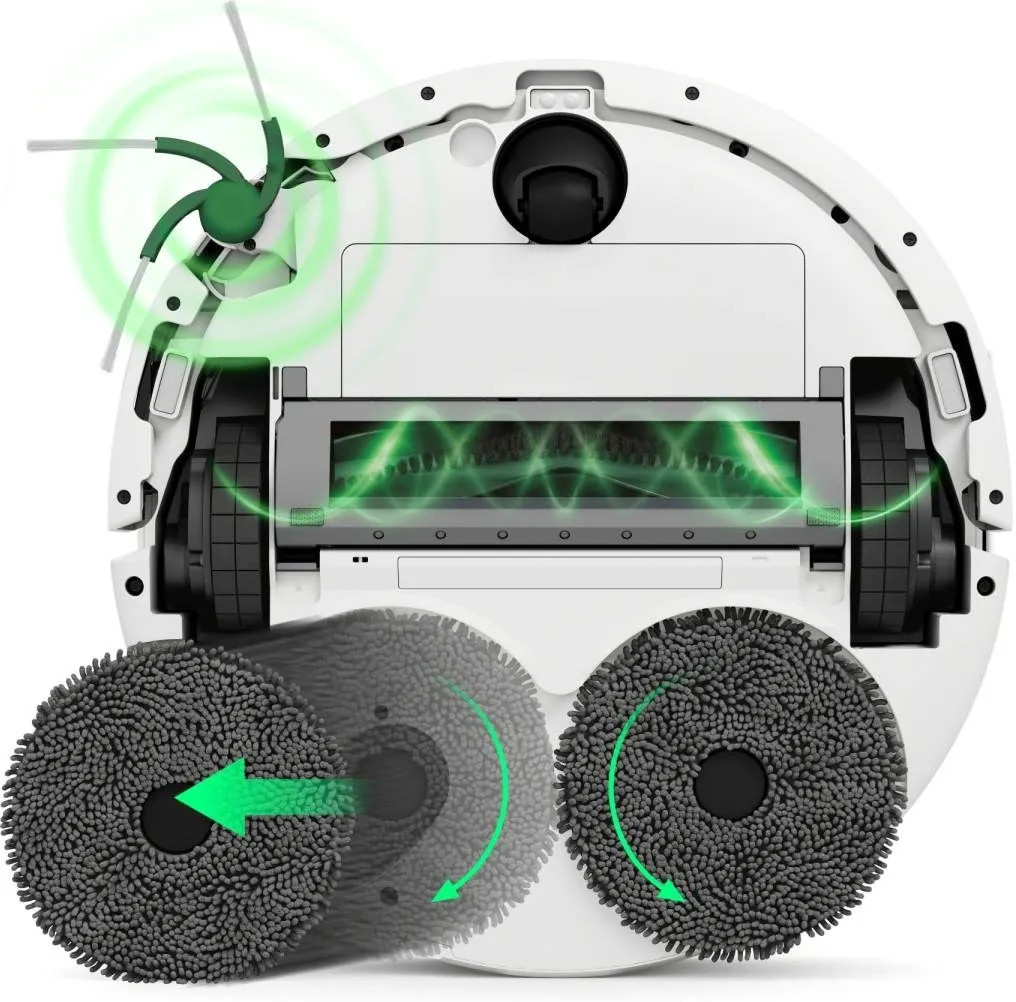 Biały robot sprzątający z obrotowymi szczotkami, szczotką wałkową i obrotowymi mopami.