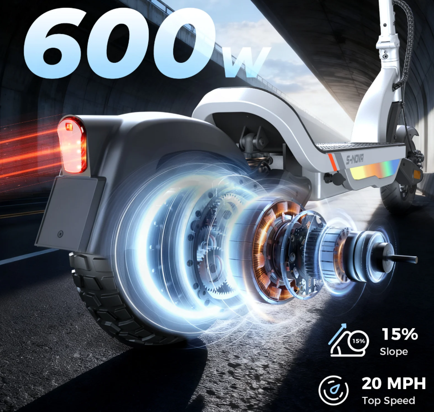 Tylne koło hulajnogi elektrycznej z odsłoniętym silnikiem, moc 600W, prędkość 32 km/h.