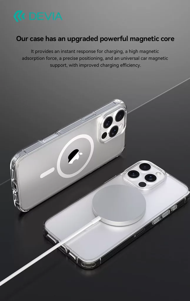 Két átlátszó telefontok MagSafe töltővel sötét háttéren.