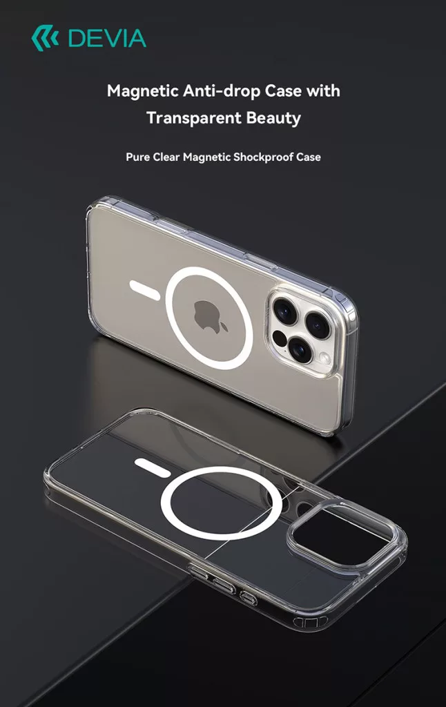 Két átlátszó mágneses telefontok MagSafe gyűrűkkel látható sötét felületen.