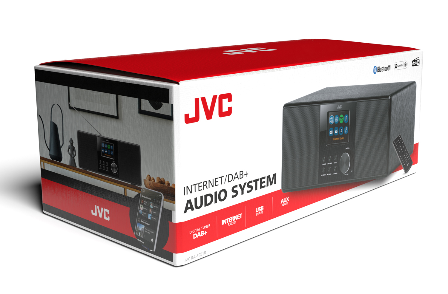 JVC Internet/DAB+ audiorendszer csomagolása termékképpel és távirányítóval.