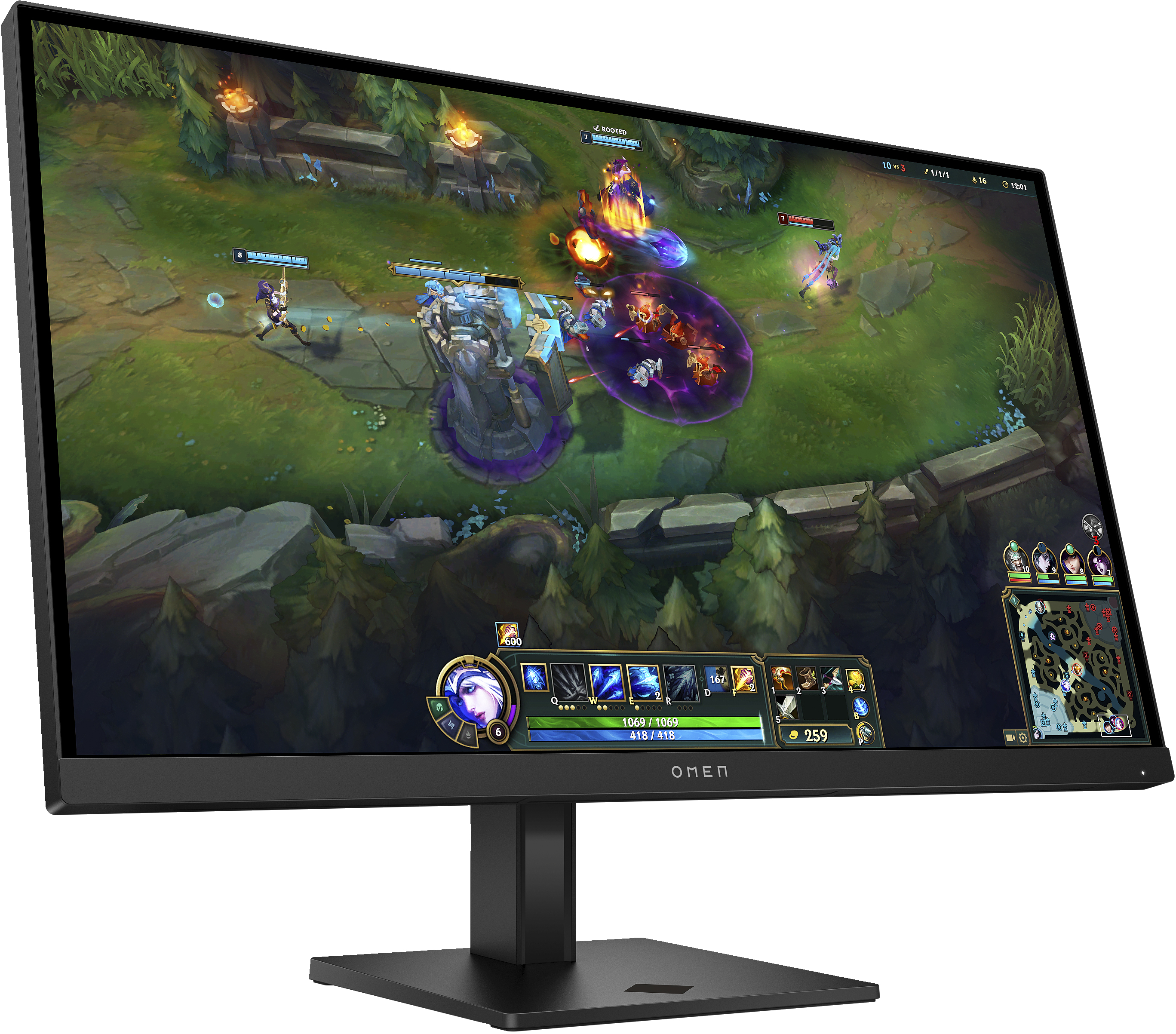 Ein schwarzer OMEN Monitor zeigt ein League of Legends Spiel mit kämpfenden Charakteren.