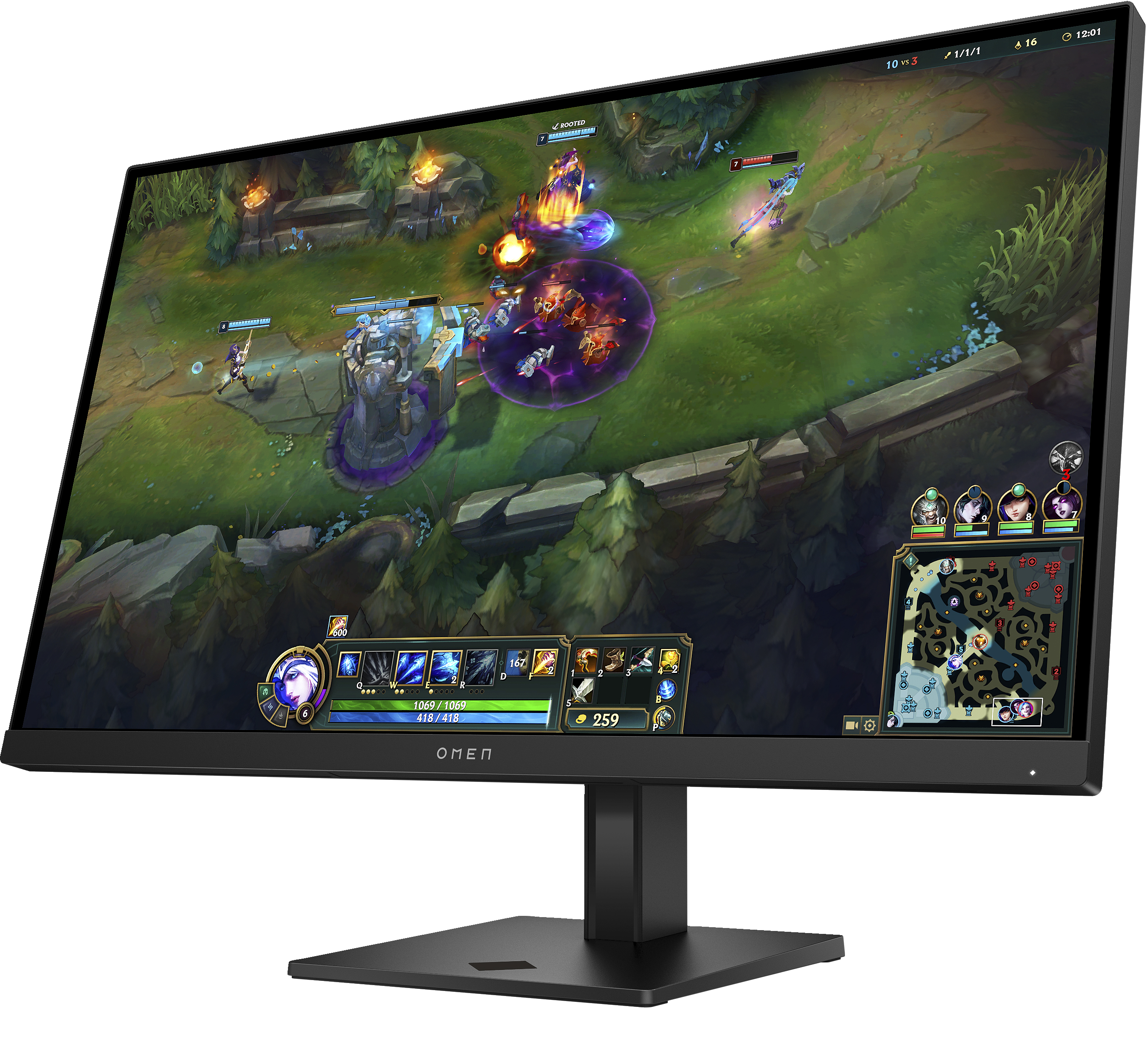 Ein Computermonitor zeigt ein Spiel League of Legends mit kämpfenden Charakteren.