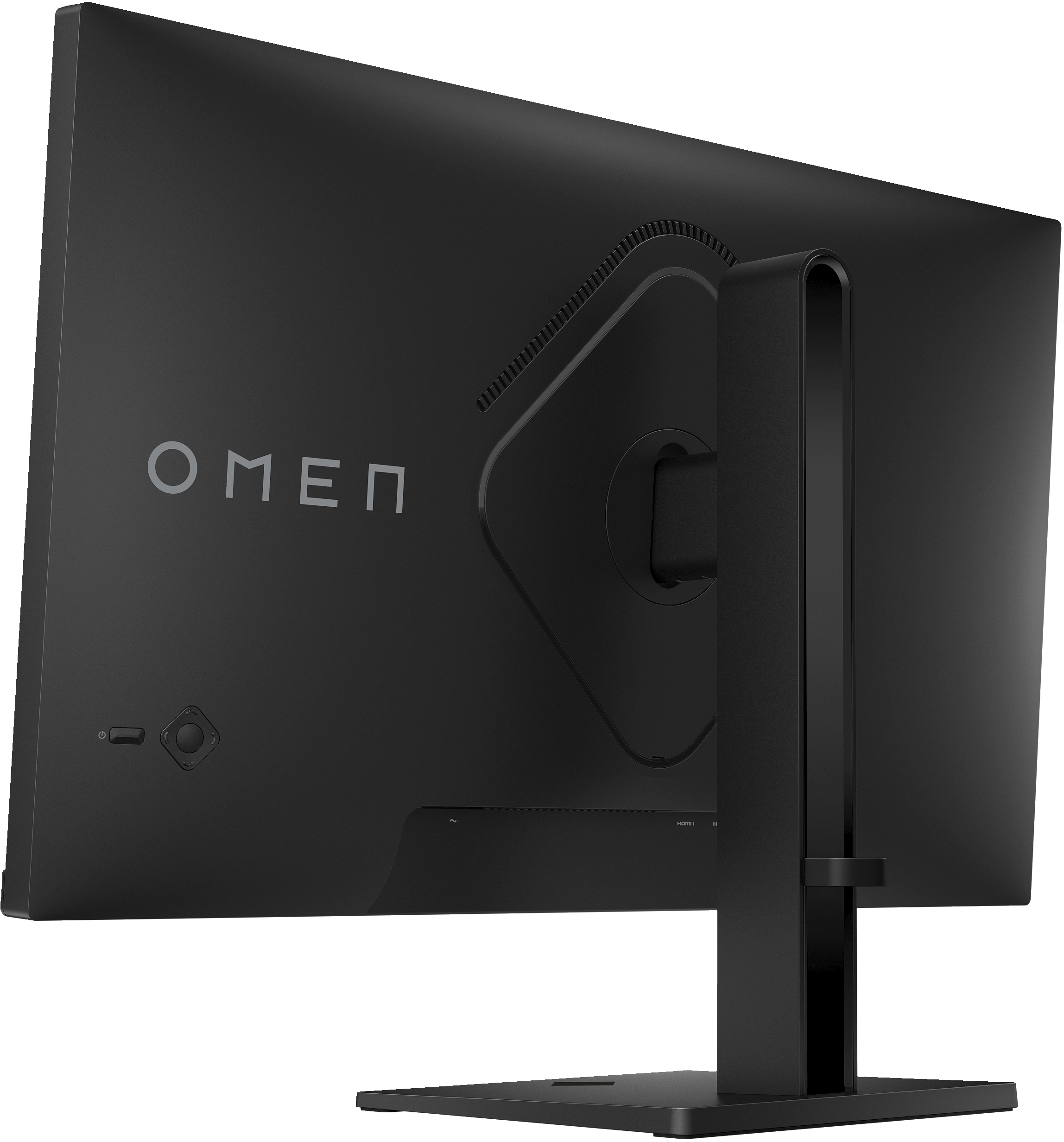 Rückseite eines schwarzen Monitors mit OMEN-Logo und Anschlüssen.