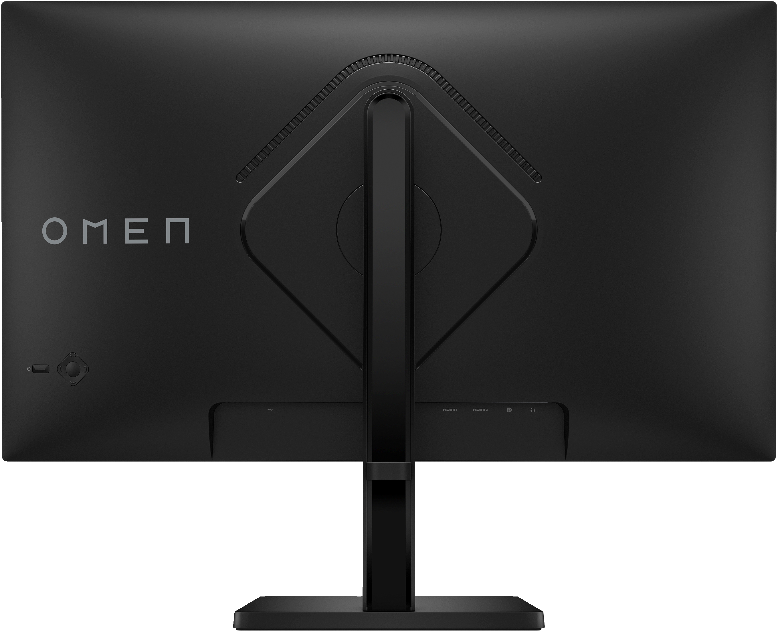Rückseite eines schwarzen Monitors mit OMEN-Logo, Anschlussbuchsen und Ständer.