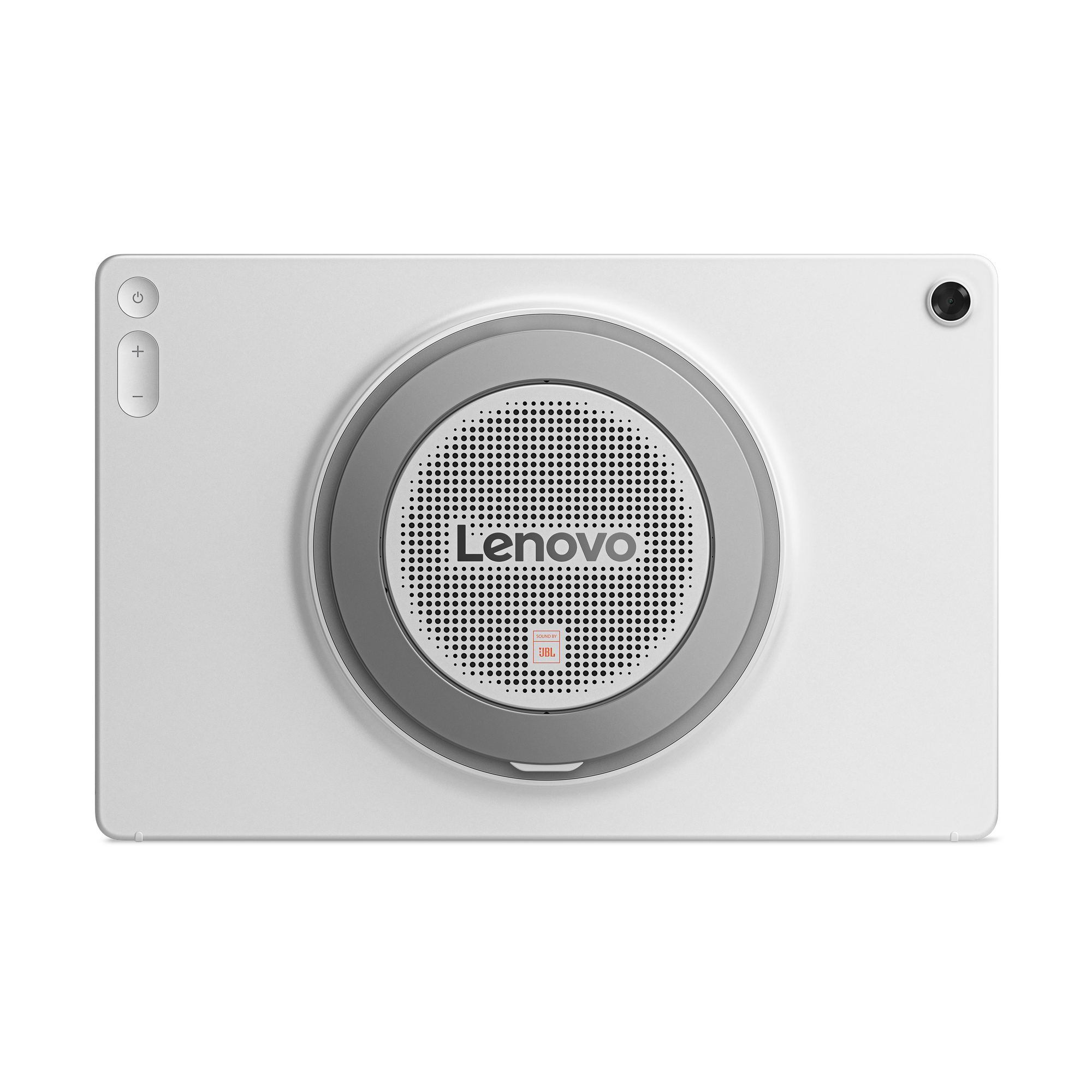 Ein weißes Lenovo-Tablet mit einem großen Lautsprecher in der Mitte und einer Kamera oben rechts.