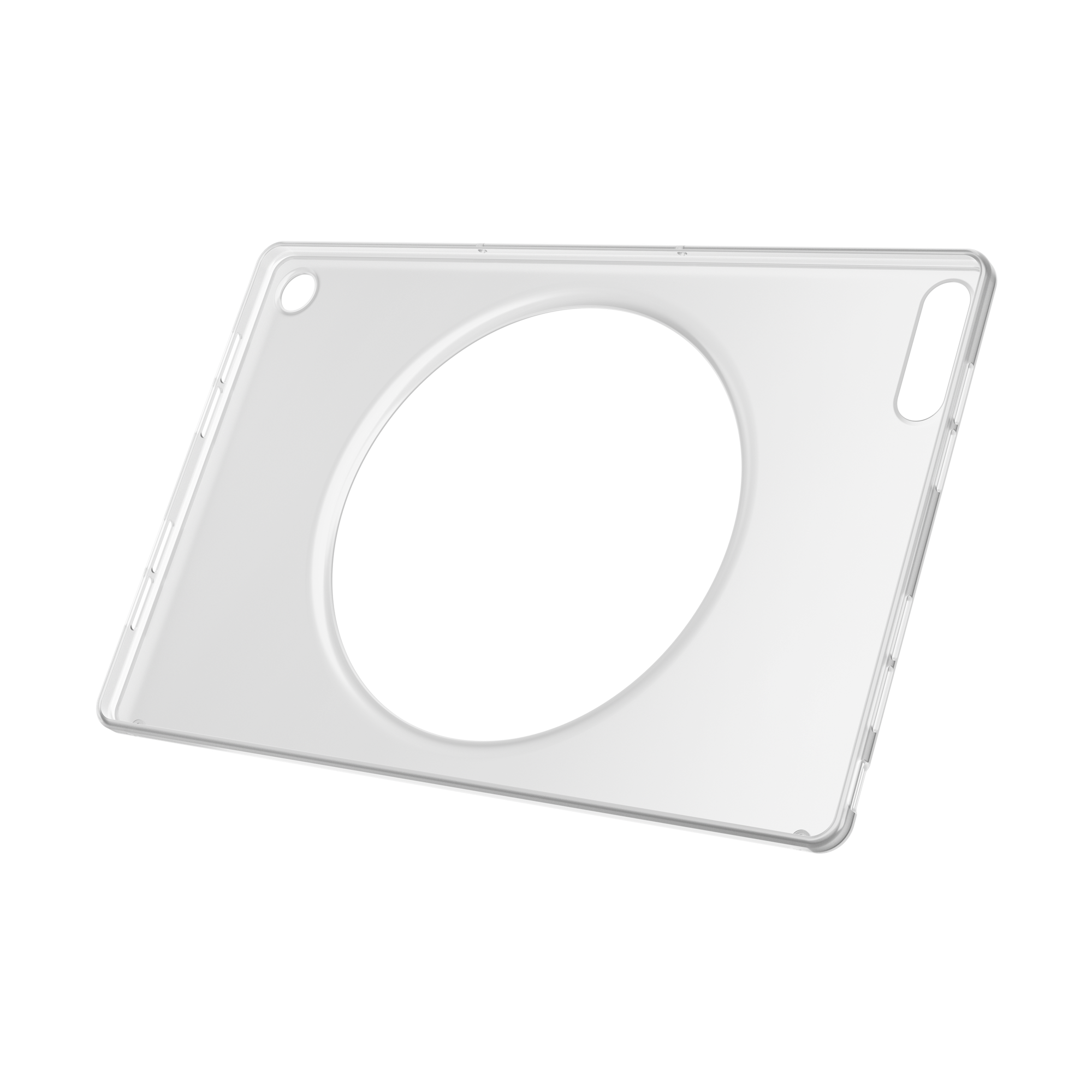 Transparente Hülle mit großem ovalem Ausschnitt, für ein Tablet.