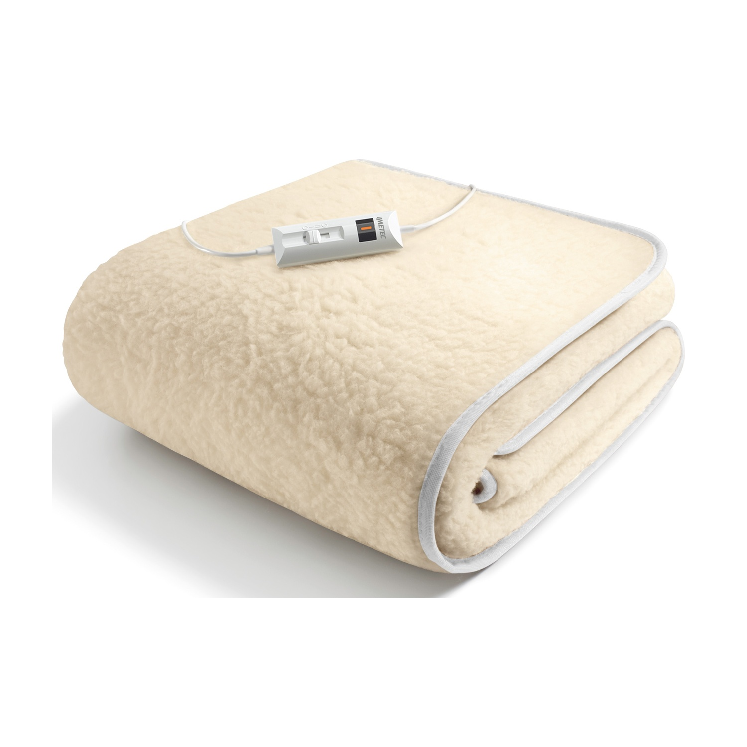 Una coperta elettrica beige piegata con un telecomando bianco.