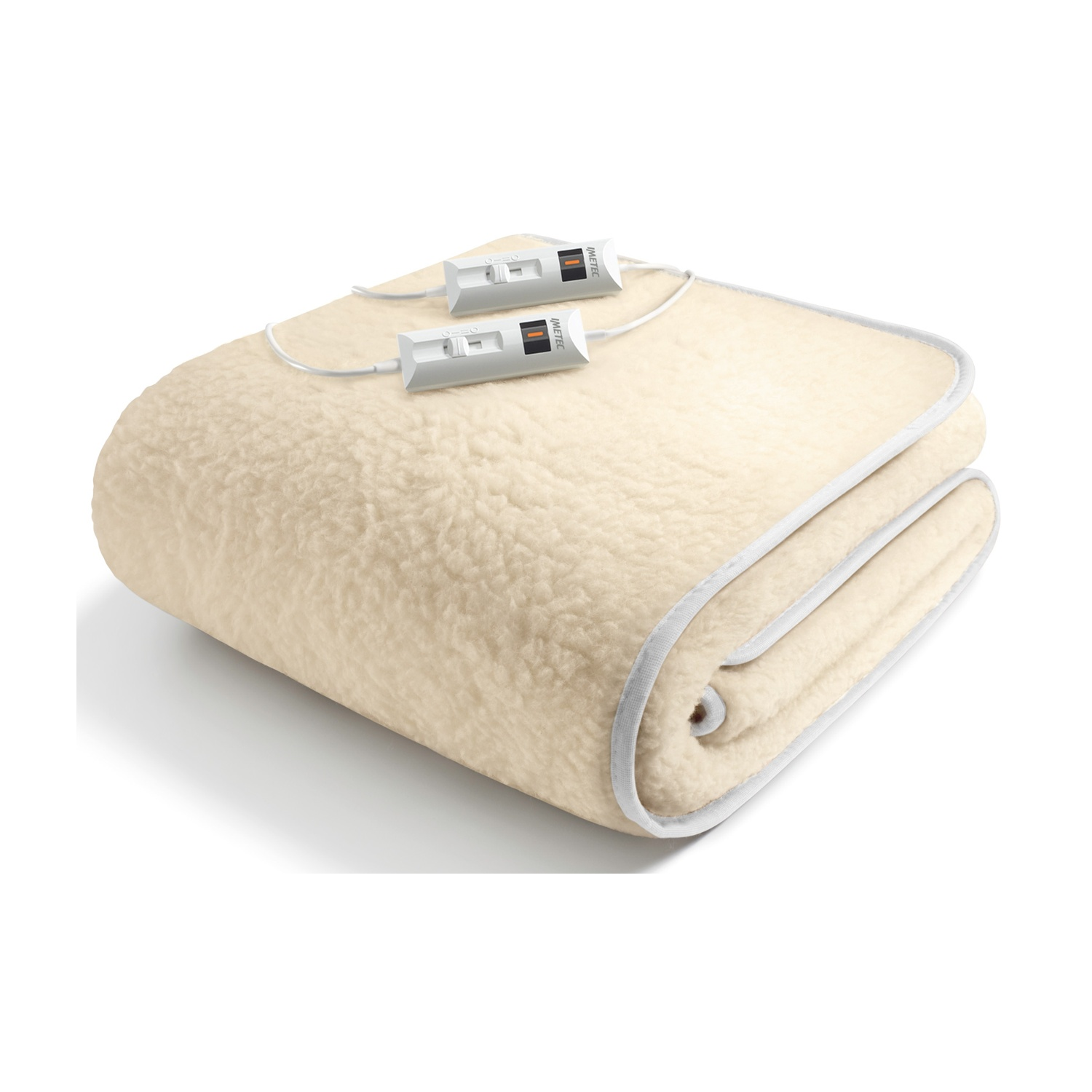 Coperta di lana beige con due controller e cavi bianchi.