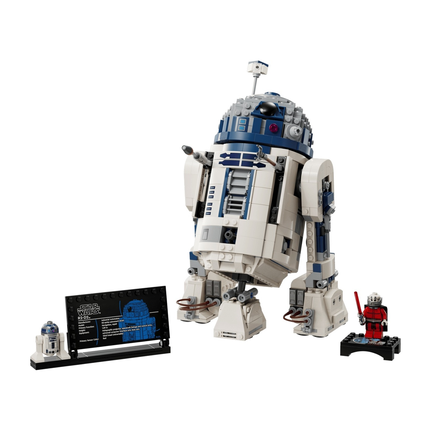 Un modello Lego di R2-D2 con targa informativa e minifigure.