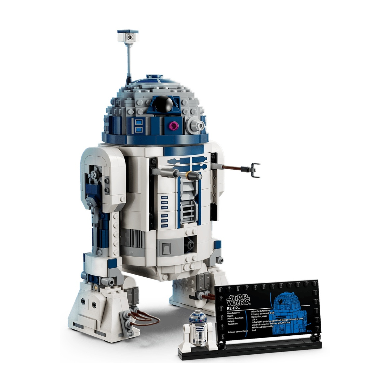 Un modello Lego di R2-D2 con un display informativo accanto.