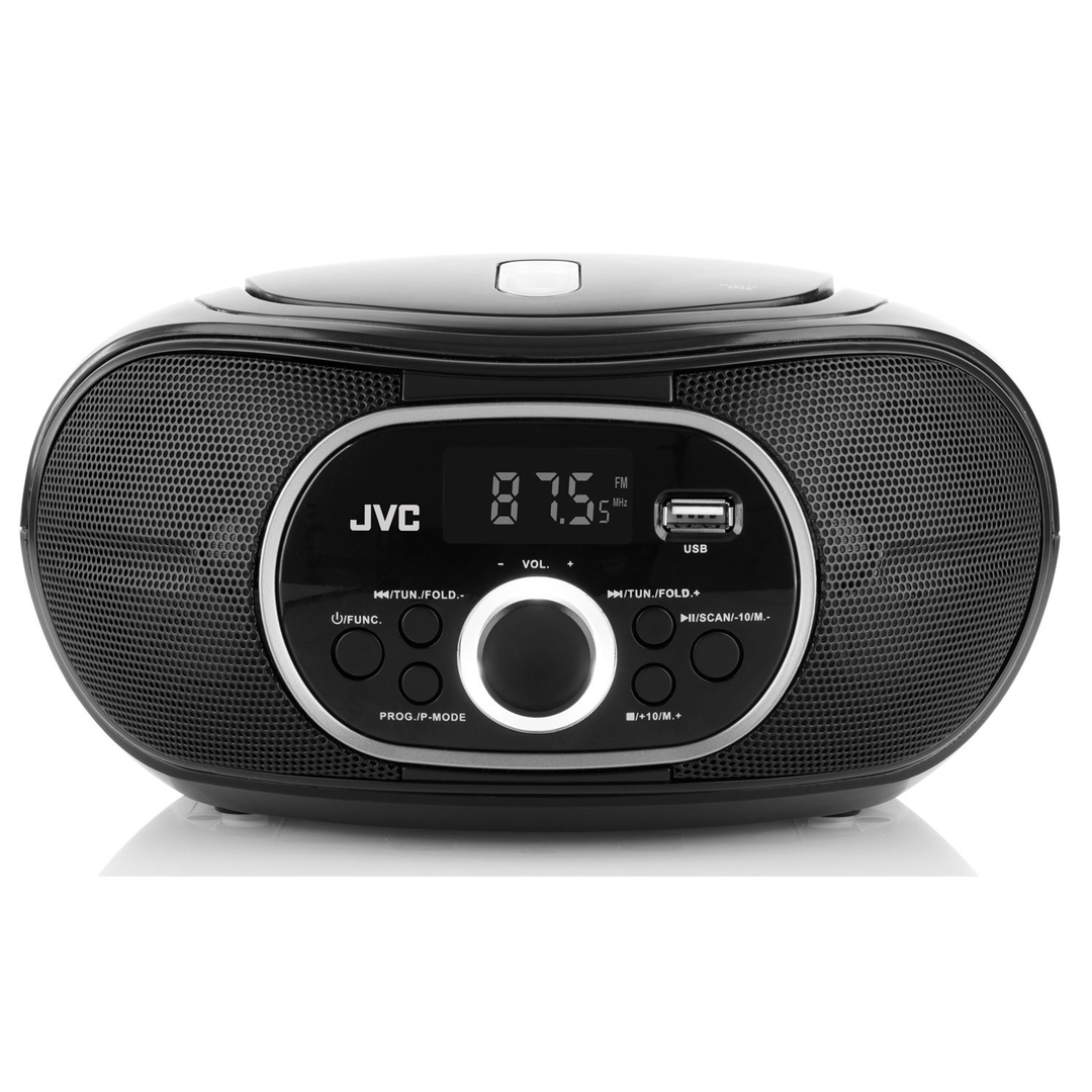 Fekete JVC CD-lejátszó rádióval és USB-porttal, digitális kijelző.