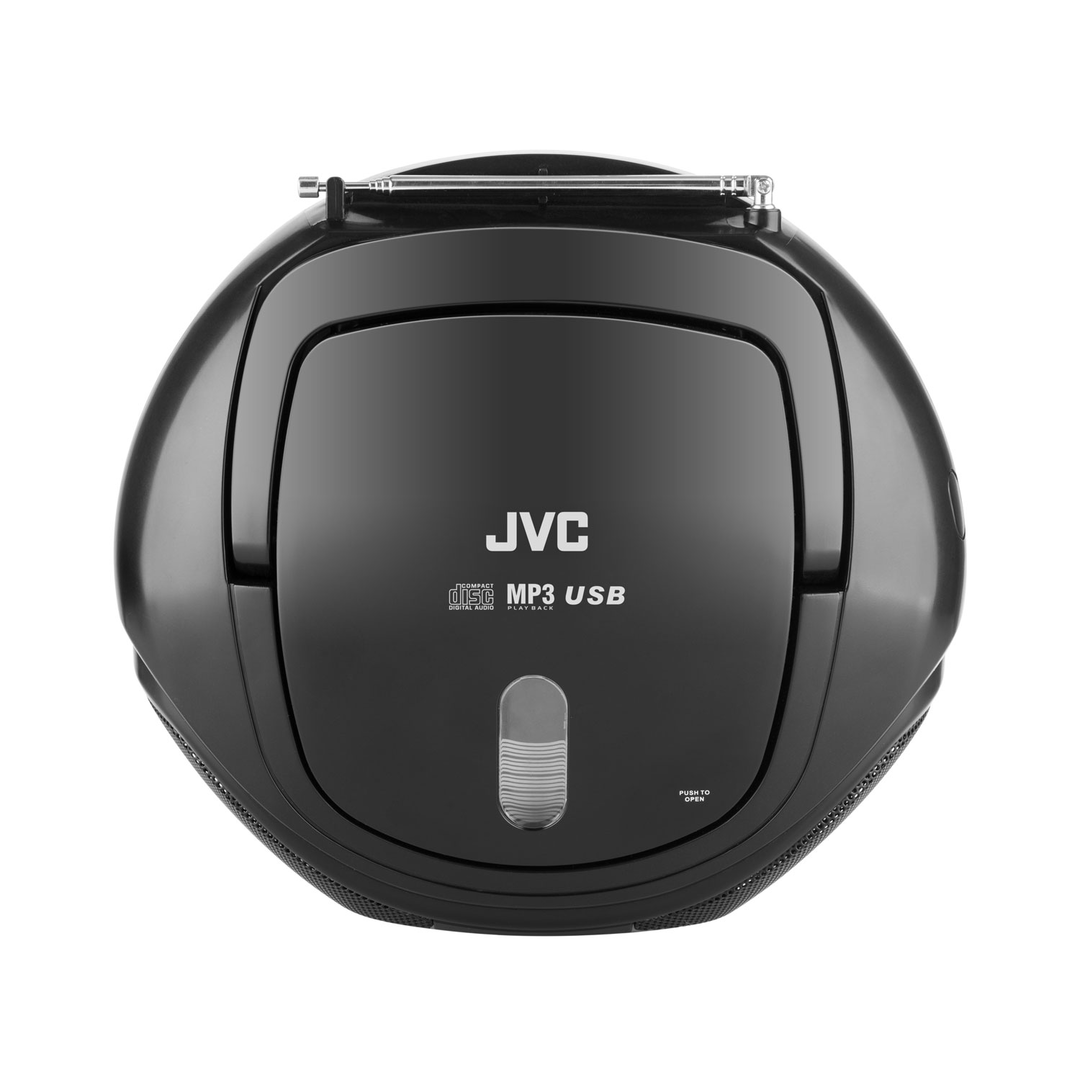 Fekete JVC CD-lejátszó MP3 és USB lejátszással, fehér háttéren.
