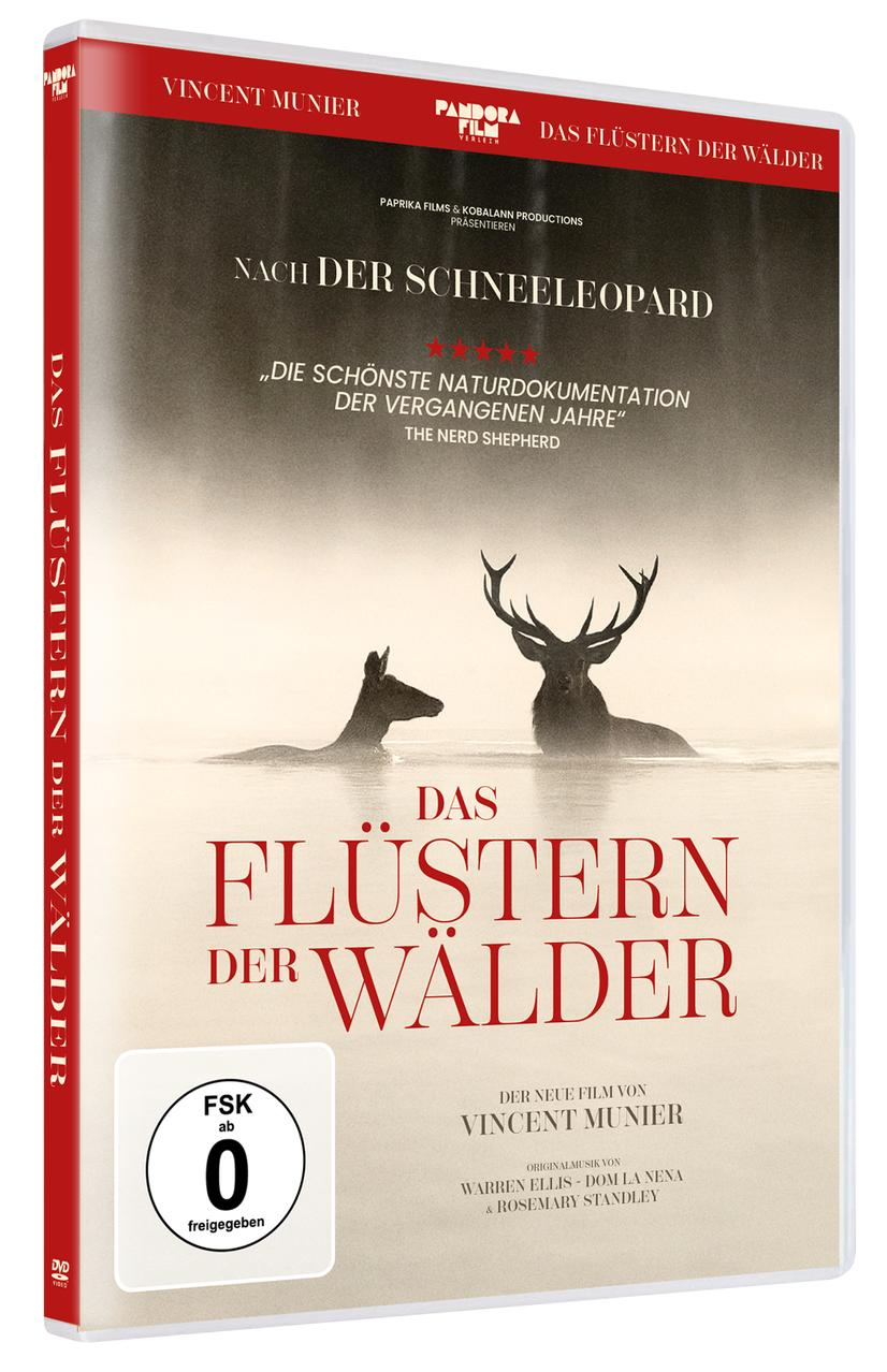 DVD-Hülle mit zwei Hirschen im Wasser und dem Titel 'Das Flüstern der Wälder'.