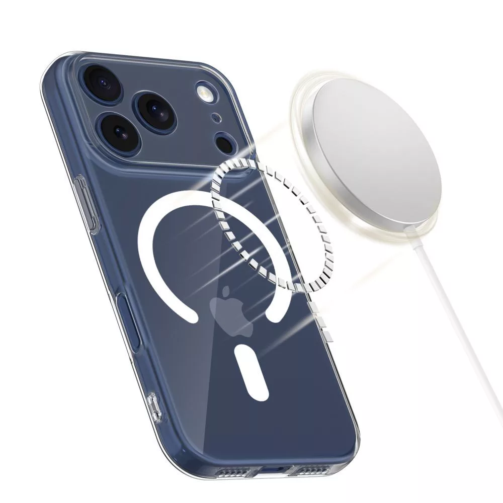 Átlátszó iPhone tok MagSafe gyűrűvel és töltővel.