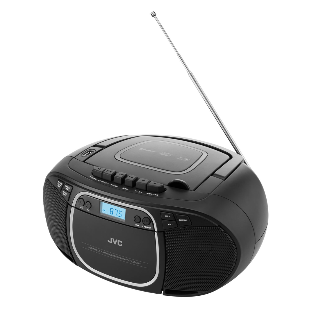 Fekete JVC boombox CD-lejátszóval, kazettával, rádióval és USB-vel.