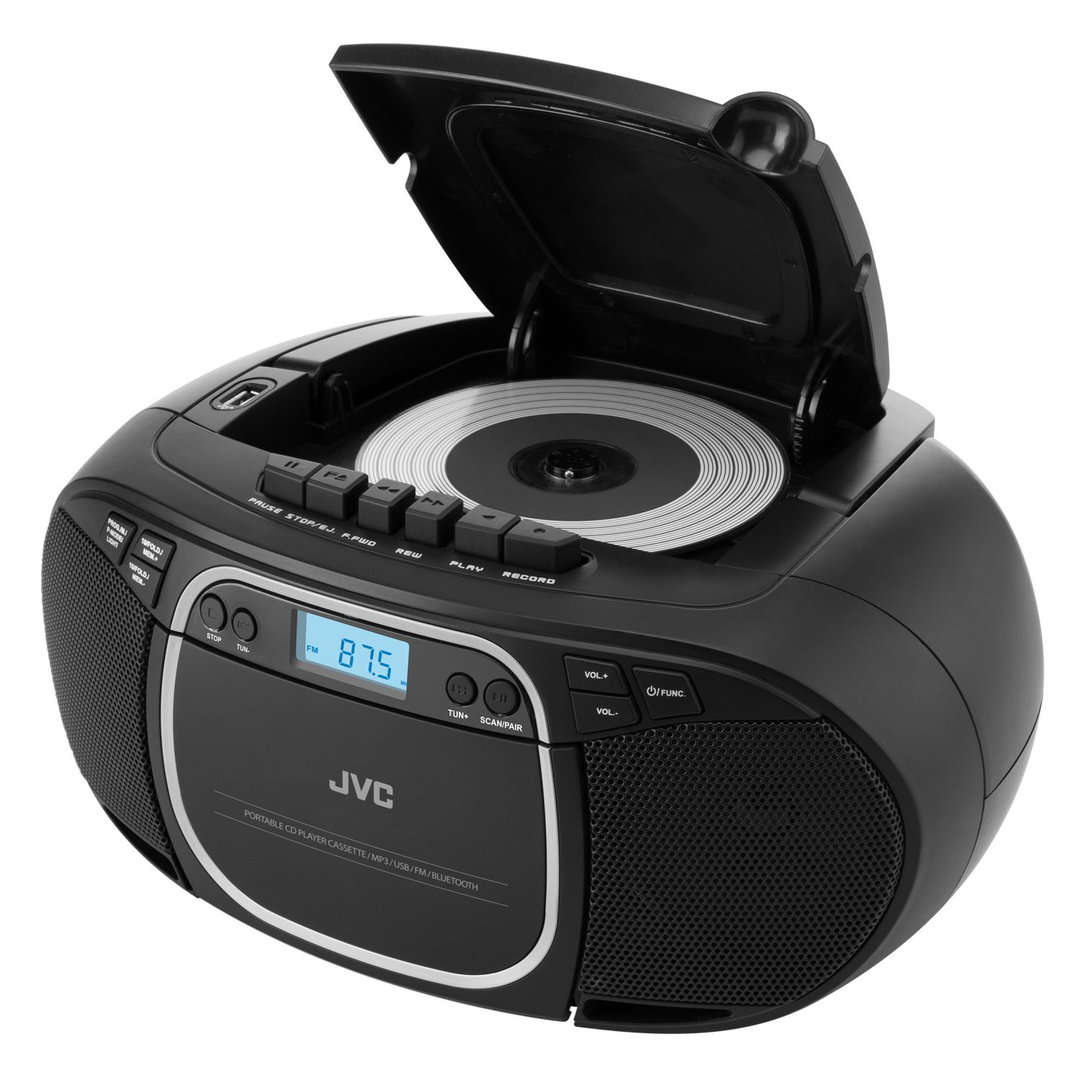 Fekete JVC CD-lejátszó kazettás magnóval és nyitott CD-rekesszel.