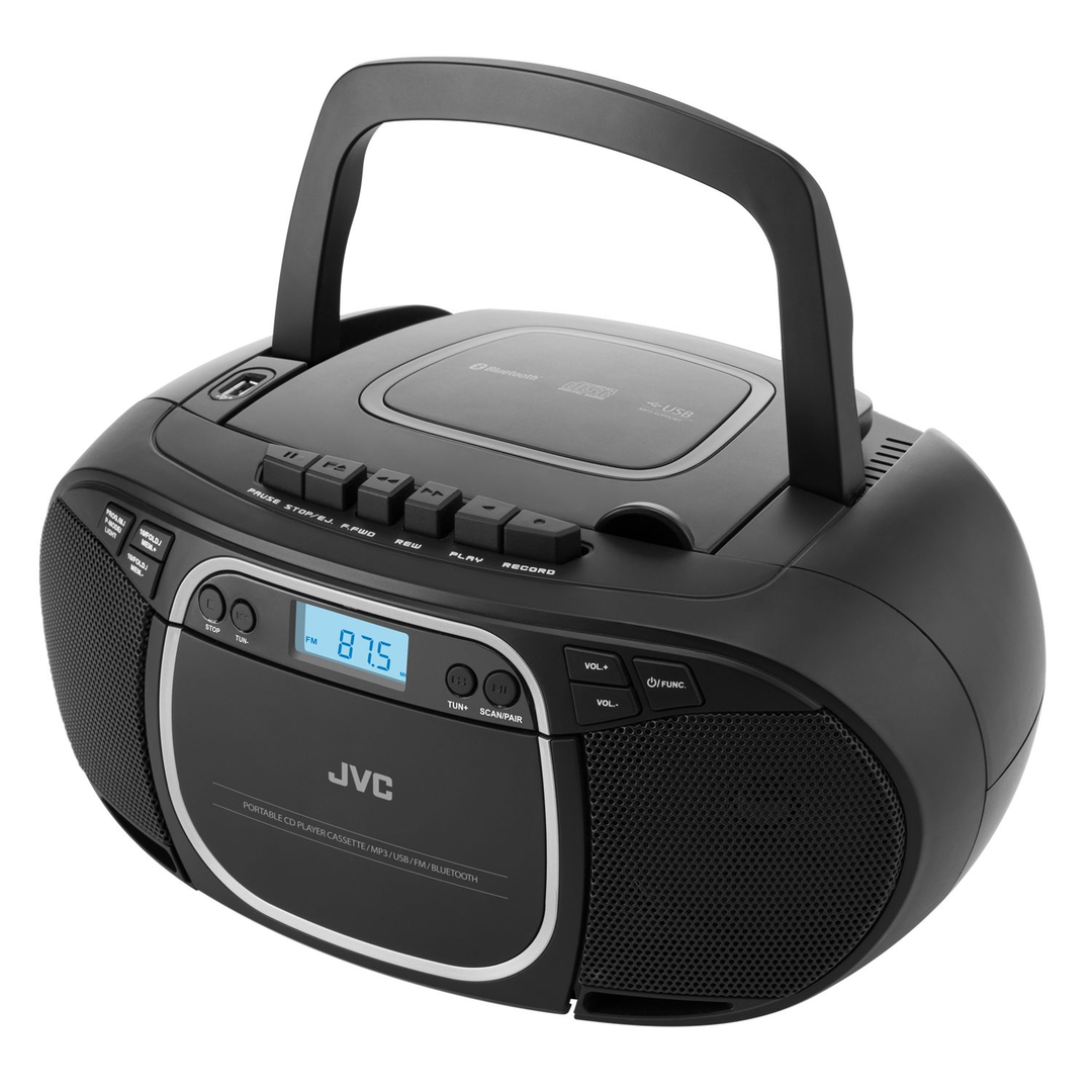 Fekete JVC boombox CD-lejátszóval, kazettával, rádióval és USB-vel.
