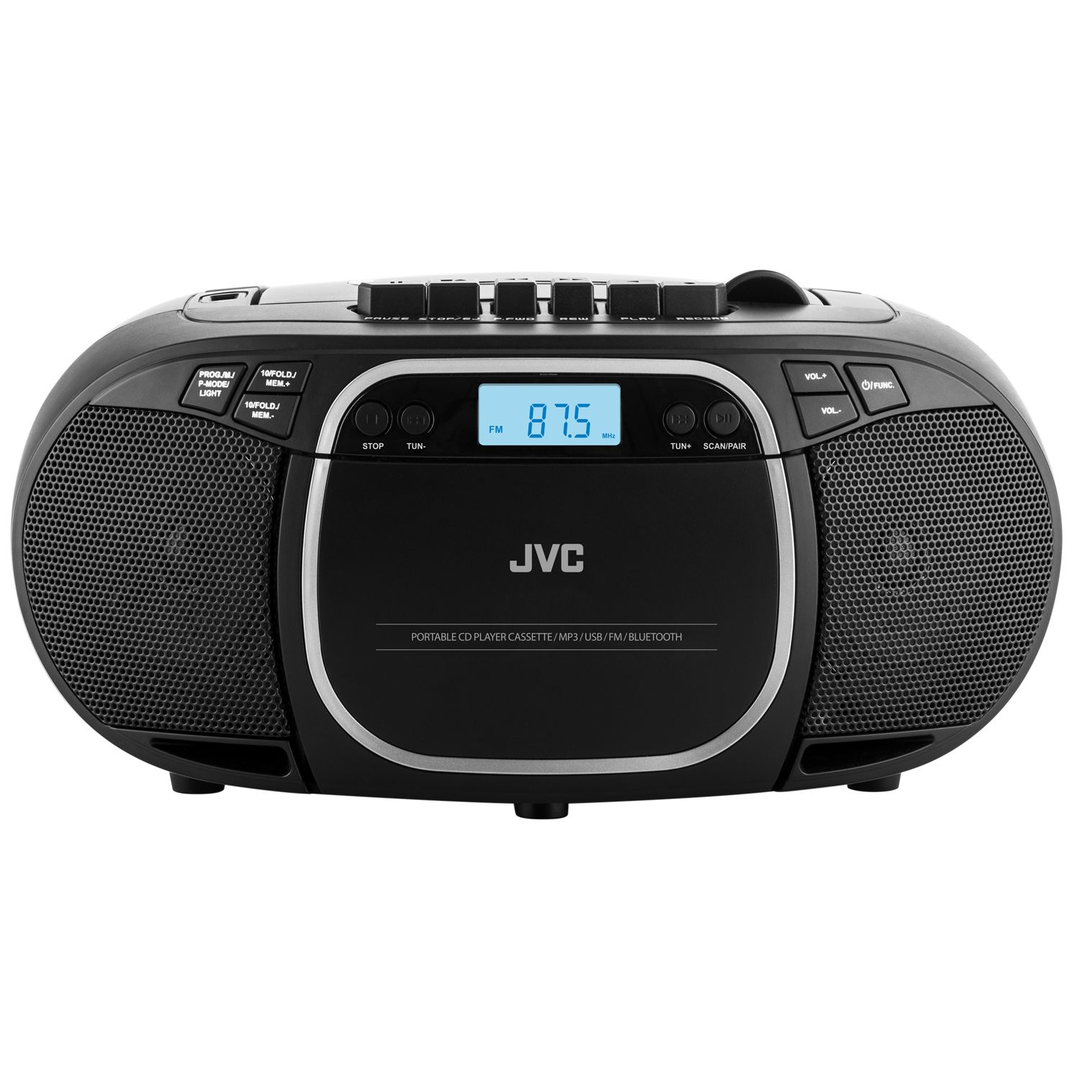 Fekete JVC hordozható CD-lejátszó boombox kazettával, FM rádióval, USB-vel, MP3-mal és Bluetooth-tal.
