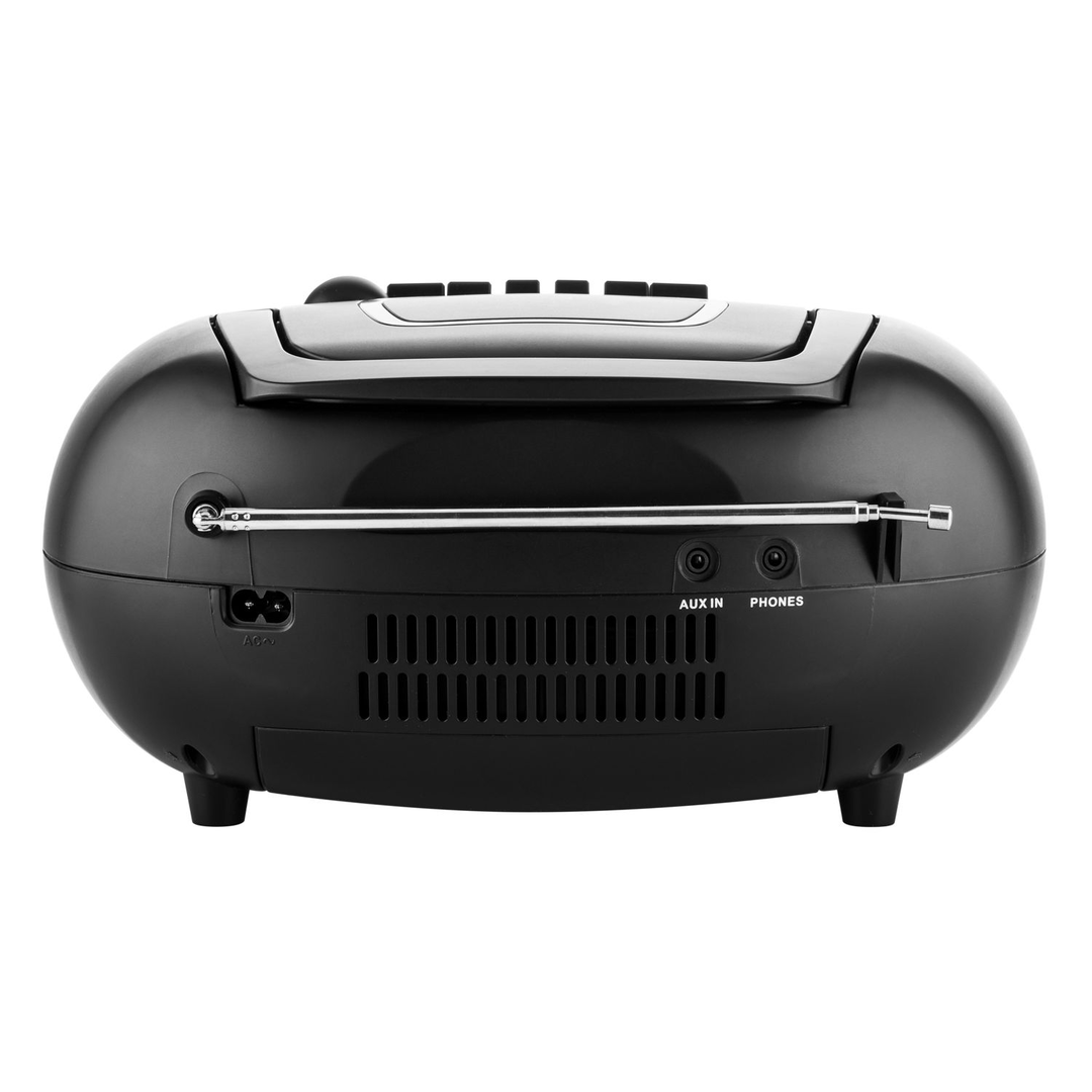 Fekete boombox kihajtható antennával, hangszóróráccsal és portokkal.