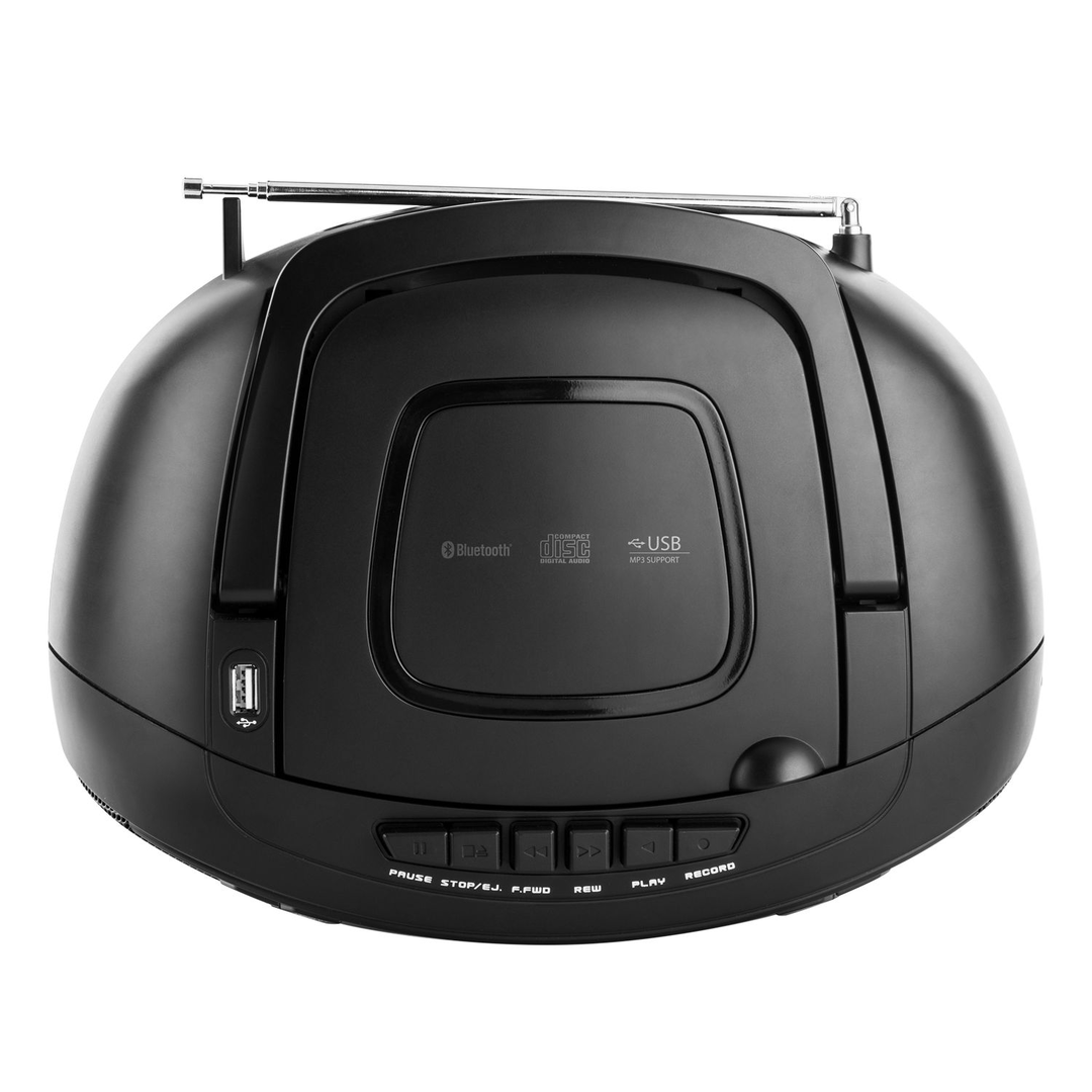 Fekete boombox CD-lejátszóval, USB-vel és rádióantennával.
