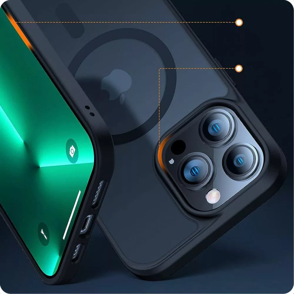 Sötétszürke iPhone tok három kamerával és élénkzöld kijelzővel.