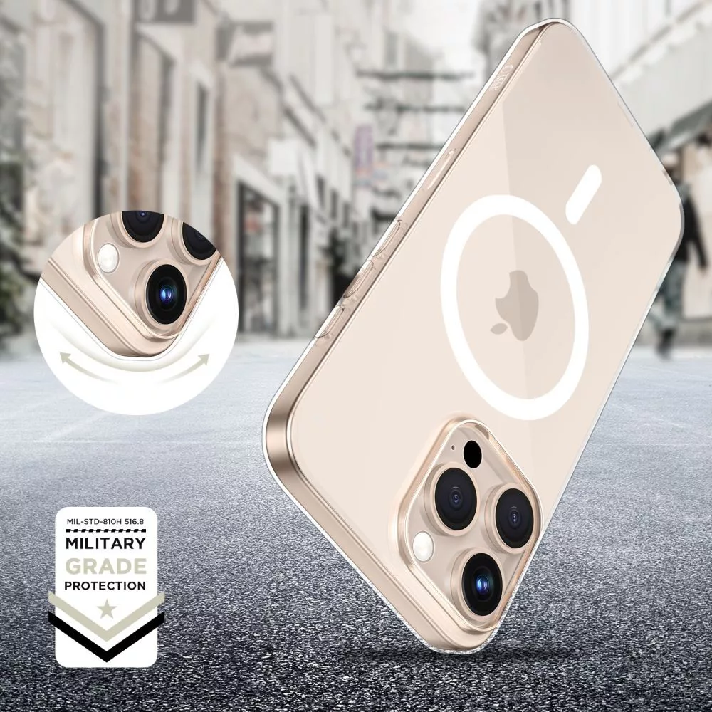 Átlátszó iPhone tok MagSafe gyűrűvel és kameraszigettel aszfalt háttéren.