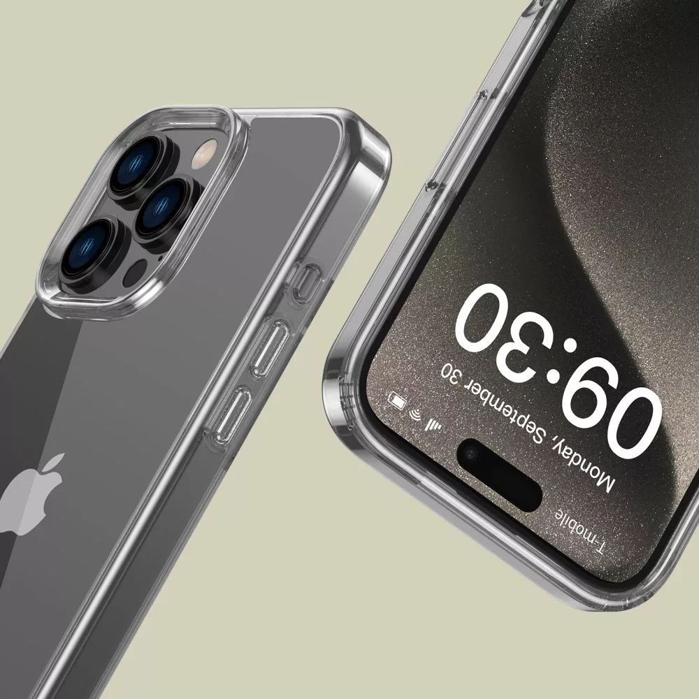 Átlátszó telefontok mutatja egy iPhone hátulját és előlapját, az időt kijelezve.