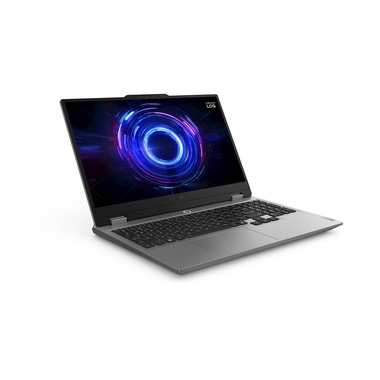 Un laptop grigio aperto con una grafica blu e viola sullo schermo.