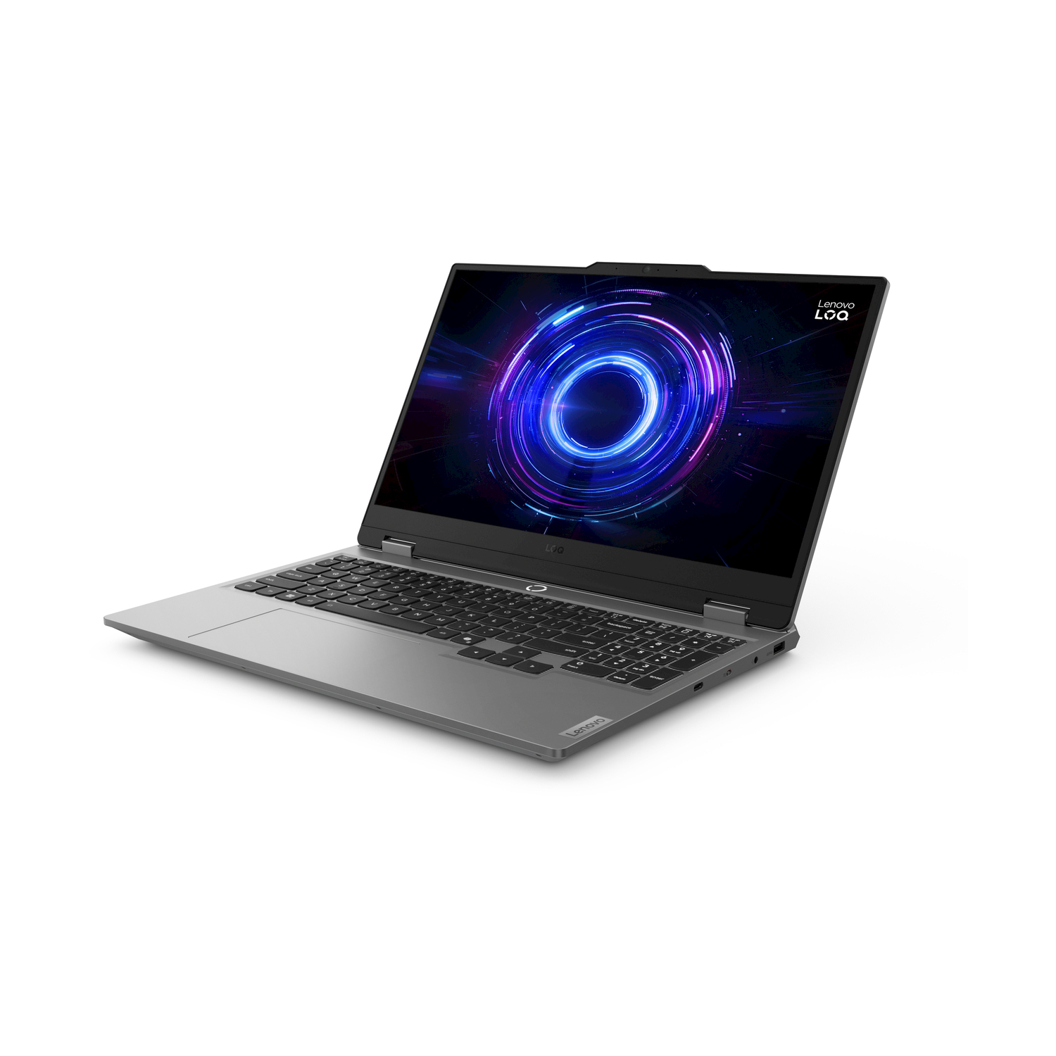 Un laptop da gaming Lenovo grigio con tastiera retroilluminata e motivo circolare sullo schermo.