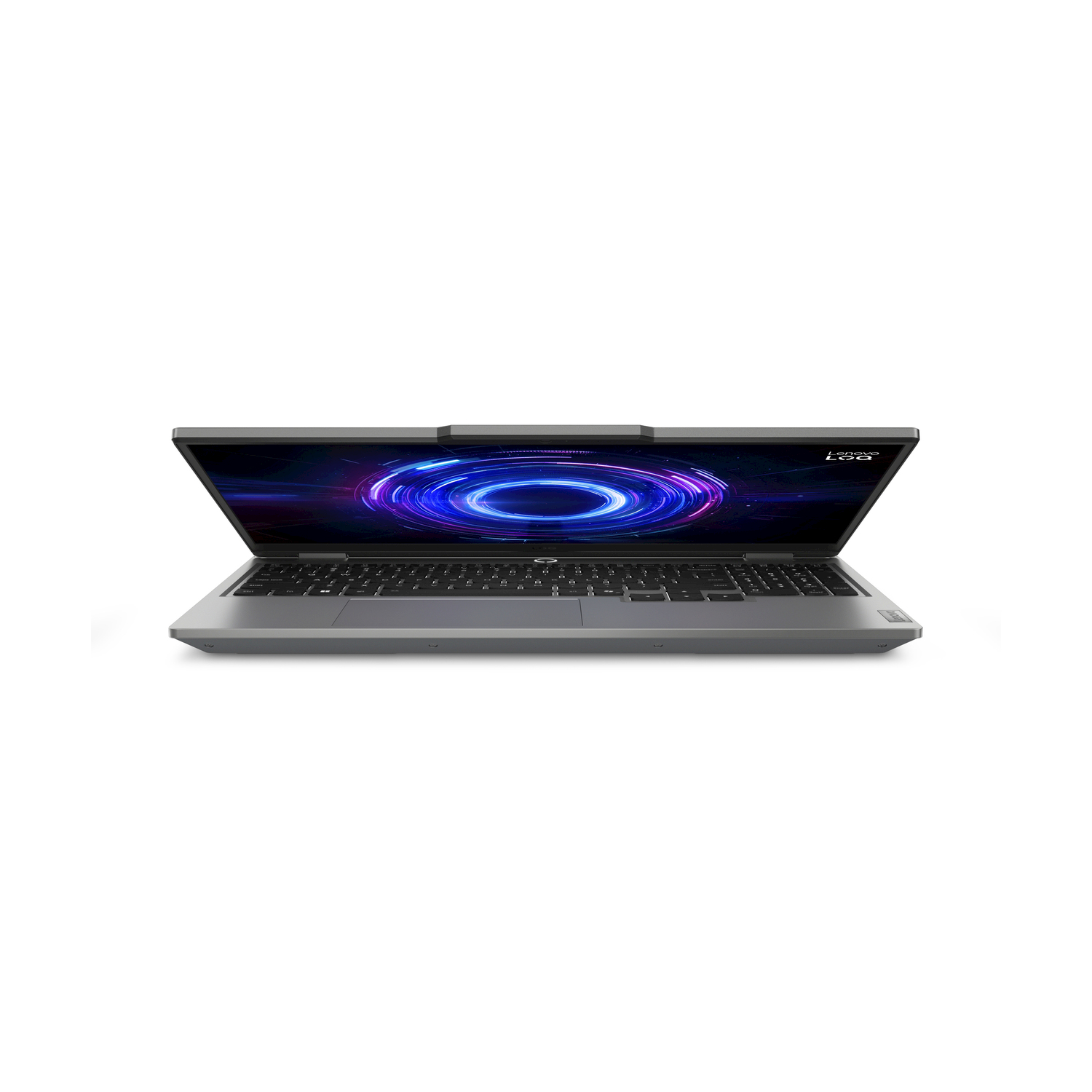 Un laptop grigio aperto con schermo scuro che mostra una grafica circolare blu e viola luminosa.
