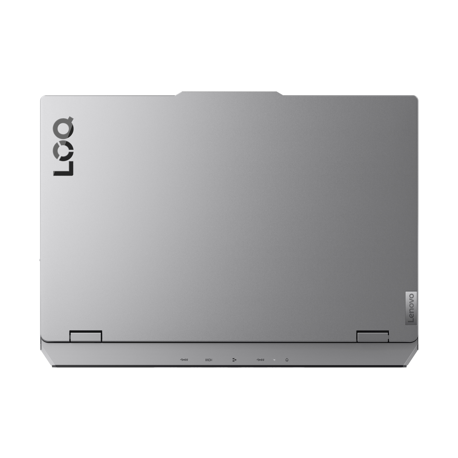 Laptop Lenovo grigio con logo LOQ sul coperchio.