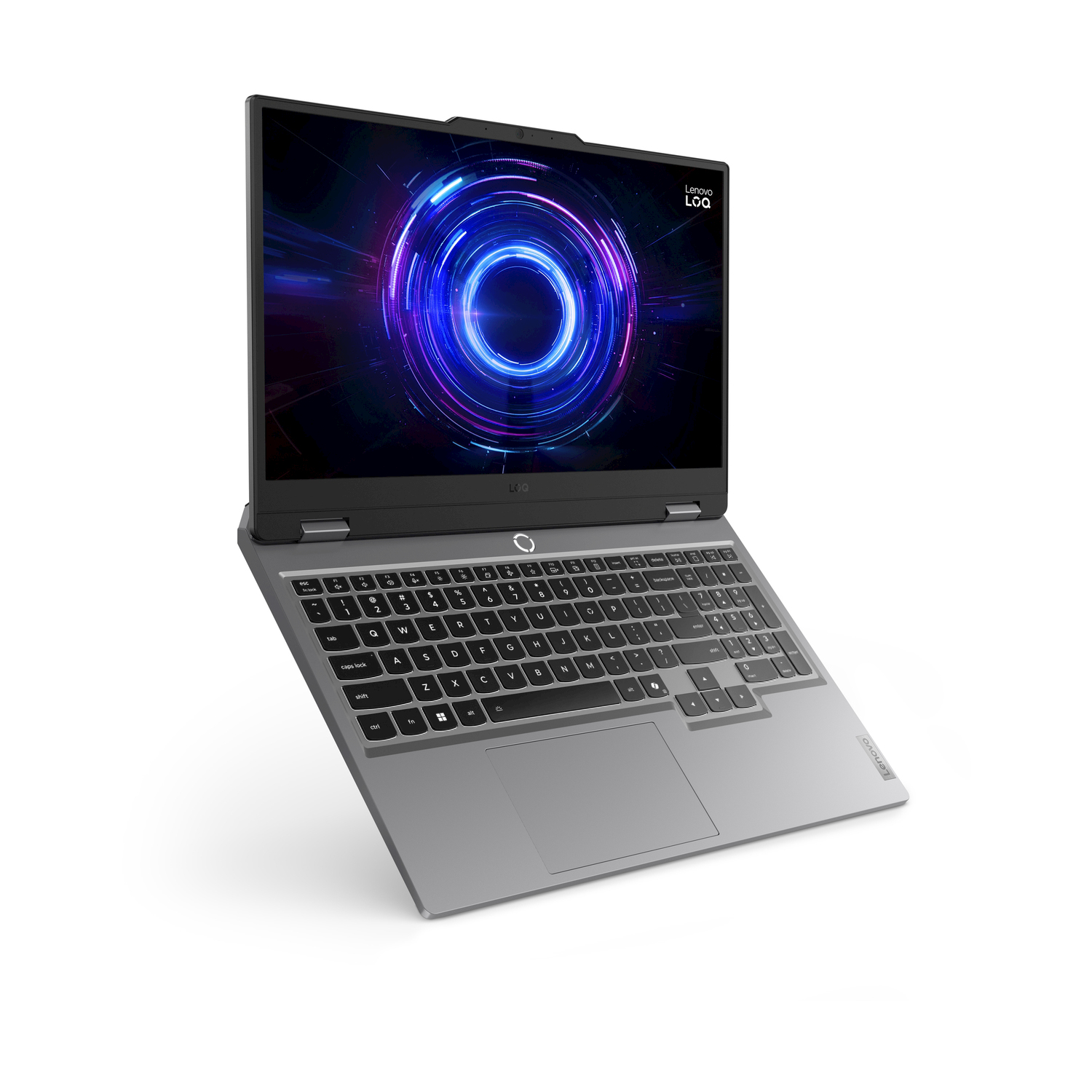 Un laptop gaming grigio Lenovo LOQ con schermo e tastiera luminosi.