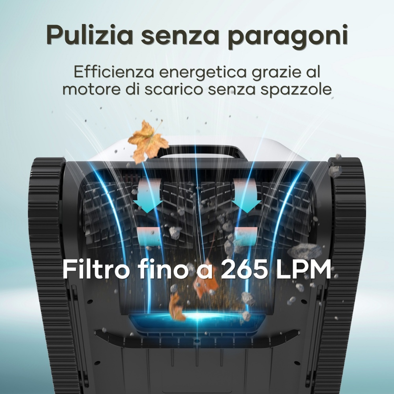 Robot aspirapolvere con motore senza spazzole, filtro 265 LPM. Foglie e detriti aspirati.