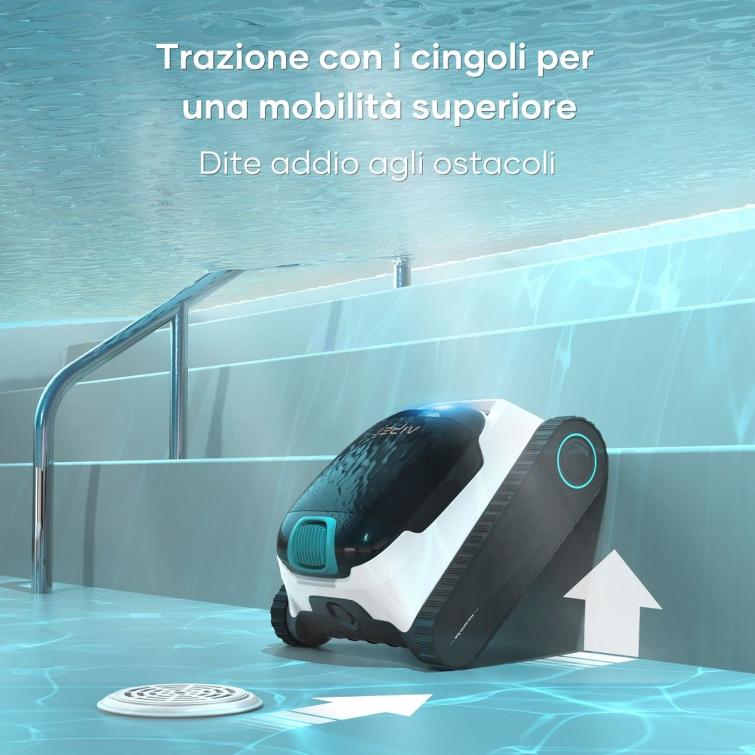 Un robot da piscina con cingoli in una piscina, che promuove una mobilità superiore.