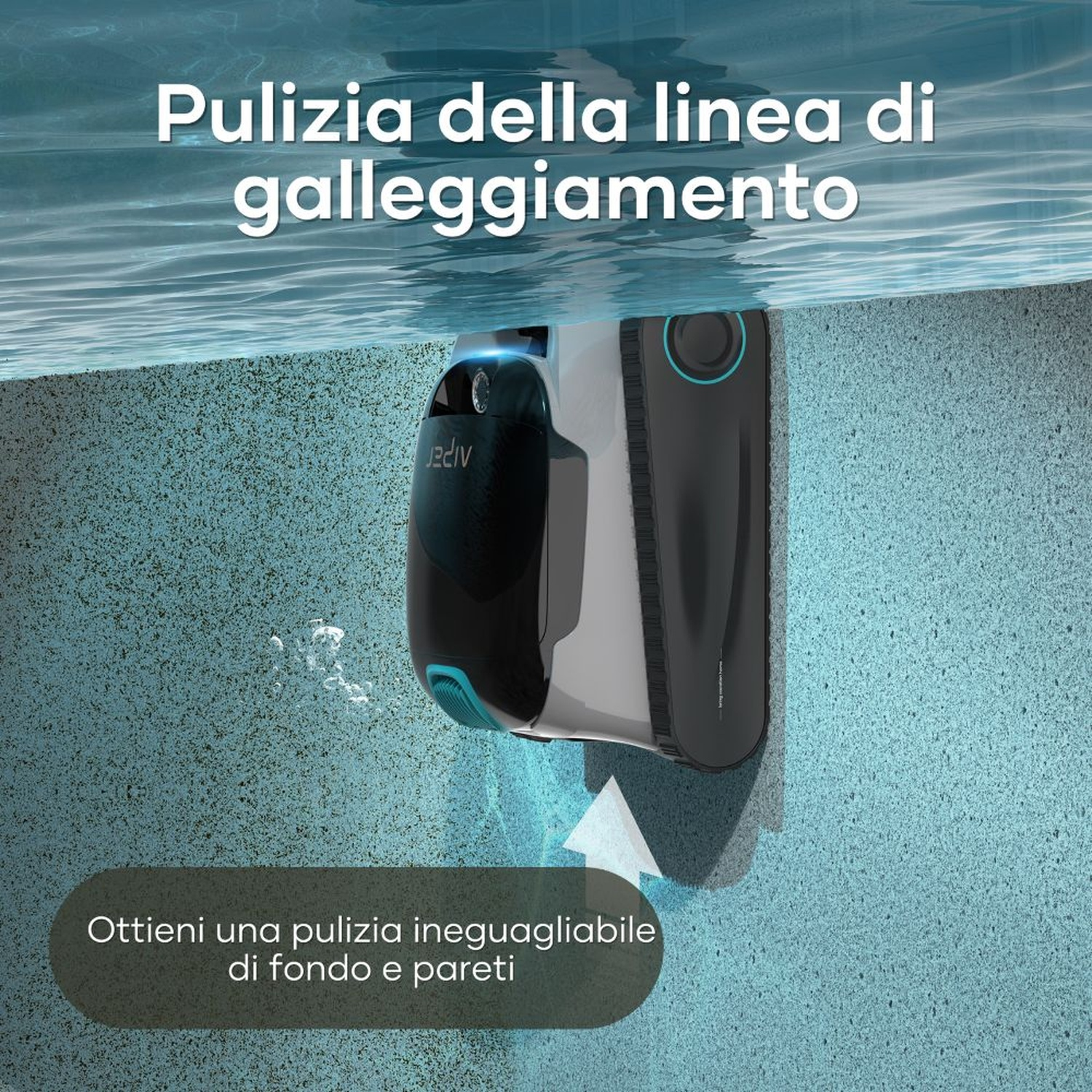 Un robot pulitore pulisce la linea di galleggiamento su una parete blu.