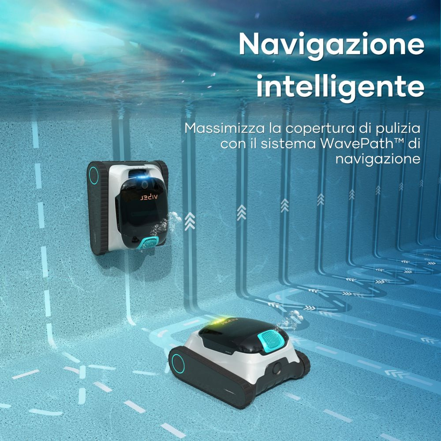 Due robot da piscina navigano in una piscina con linee e frecce blu.