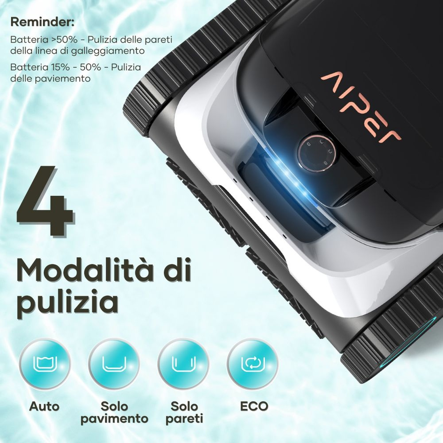 Un robot pulitore piscina bianco e nero con logo "Alpar", mostra 4 modalità di pulizia.