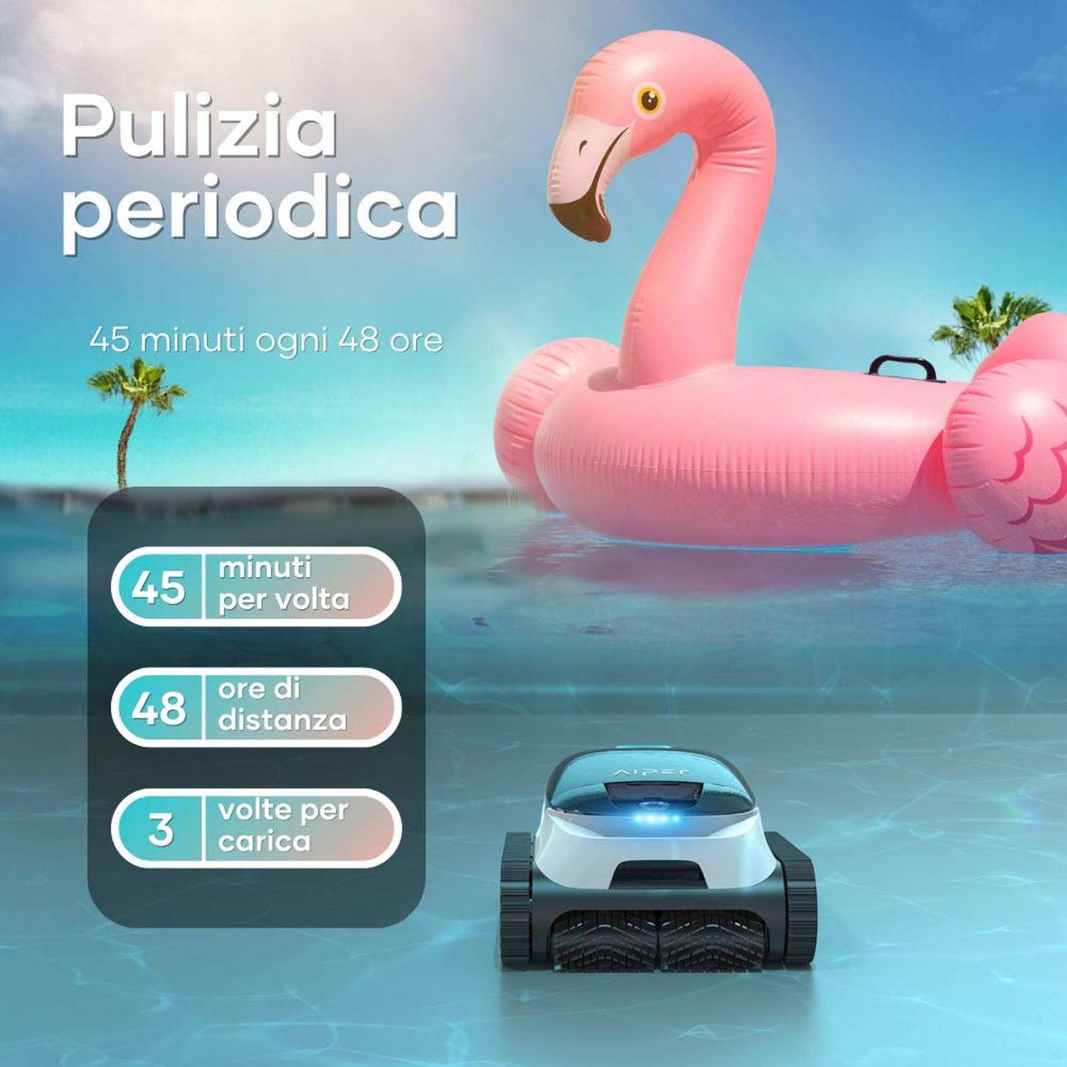 Un robot pulisce la piscina mentre galleggia un fenicottero gonfiabile.