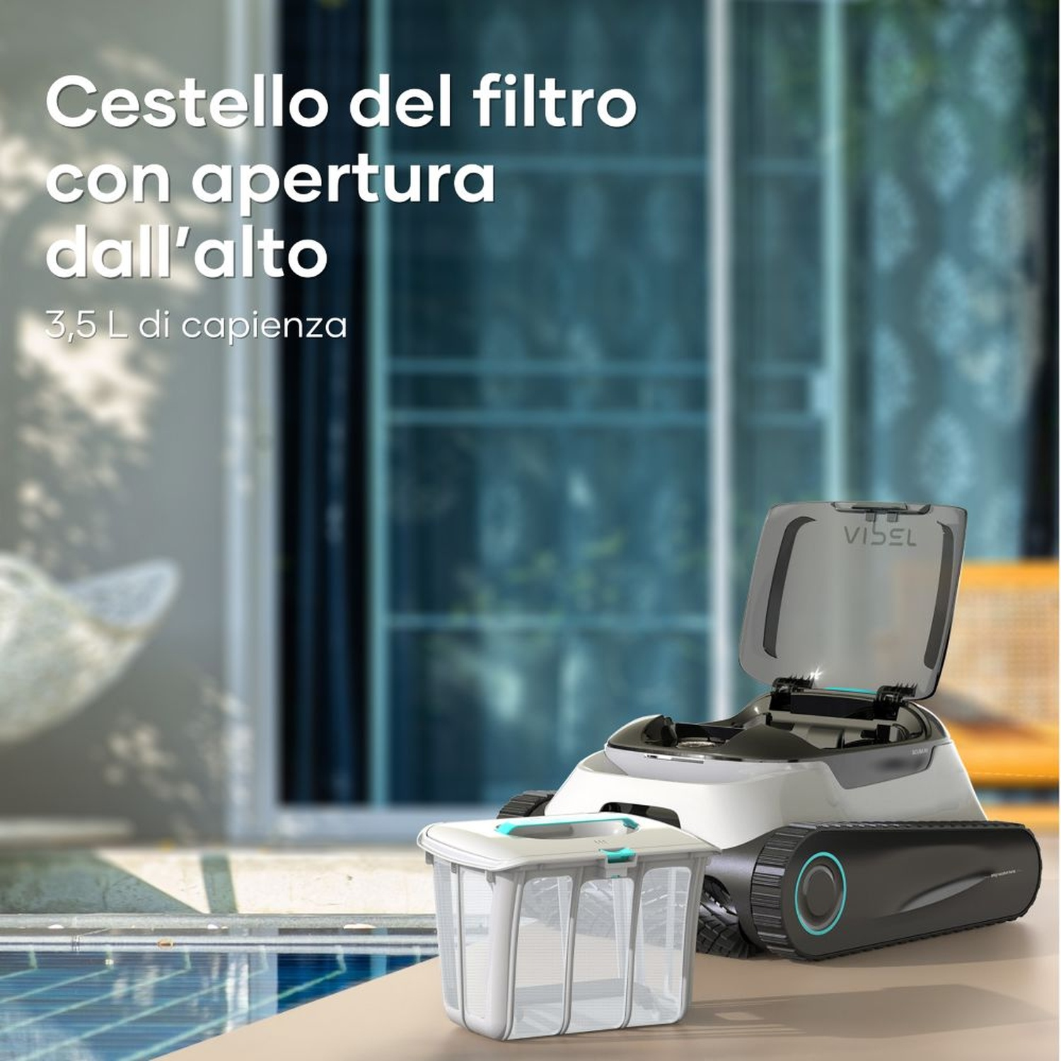 Un robot pulitore con il suo cestello filtro accanto, a bordo piscina.