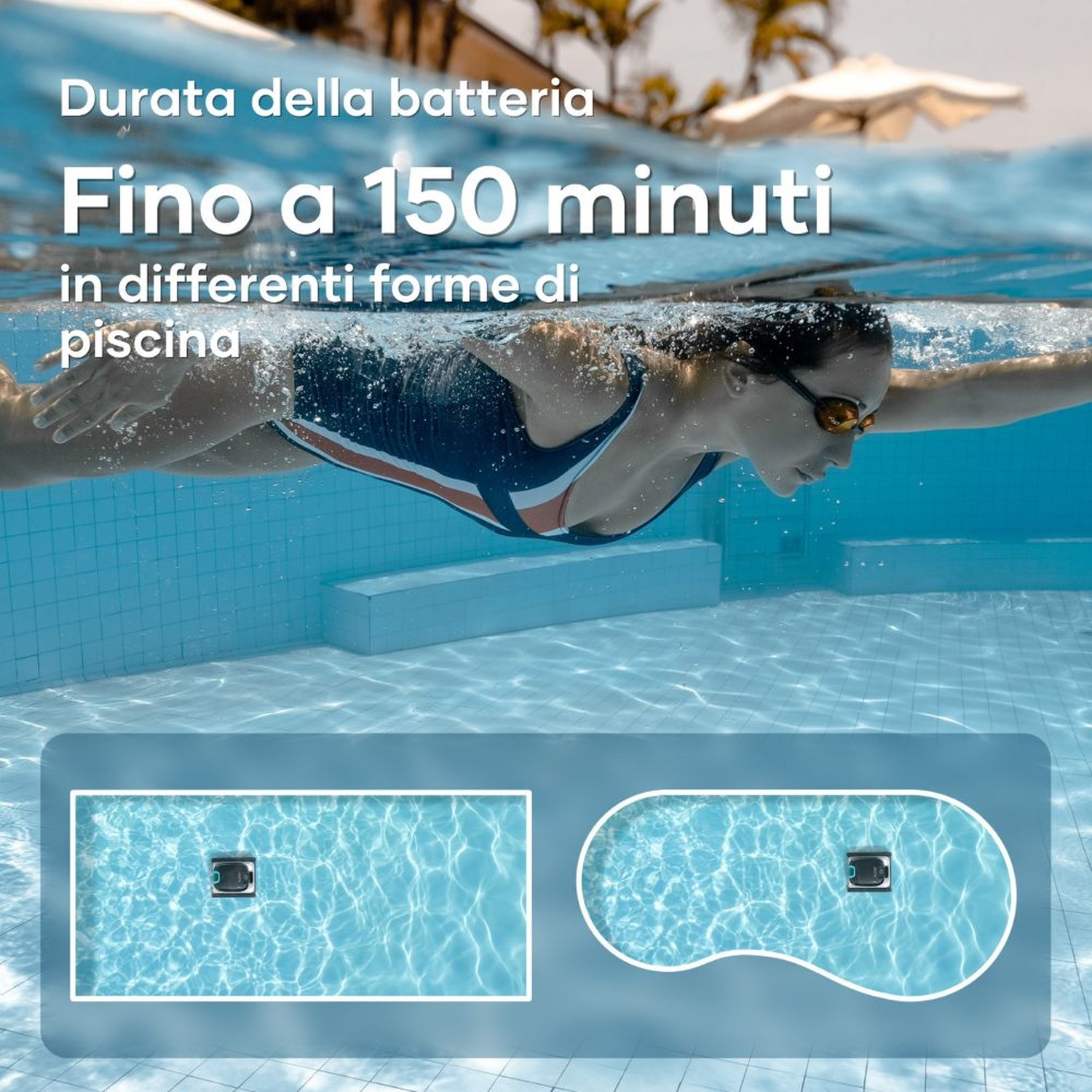 Una donna nuota in piscina, sotto due forme di piscina con un pulitore.