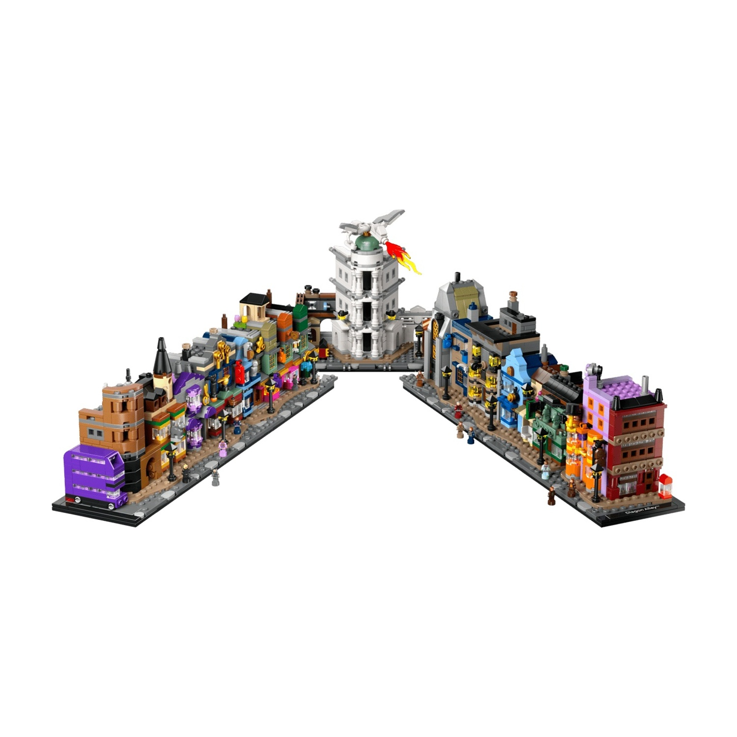 Ricostruzione Lego di un vicolo con edifici colorati e figure.