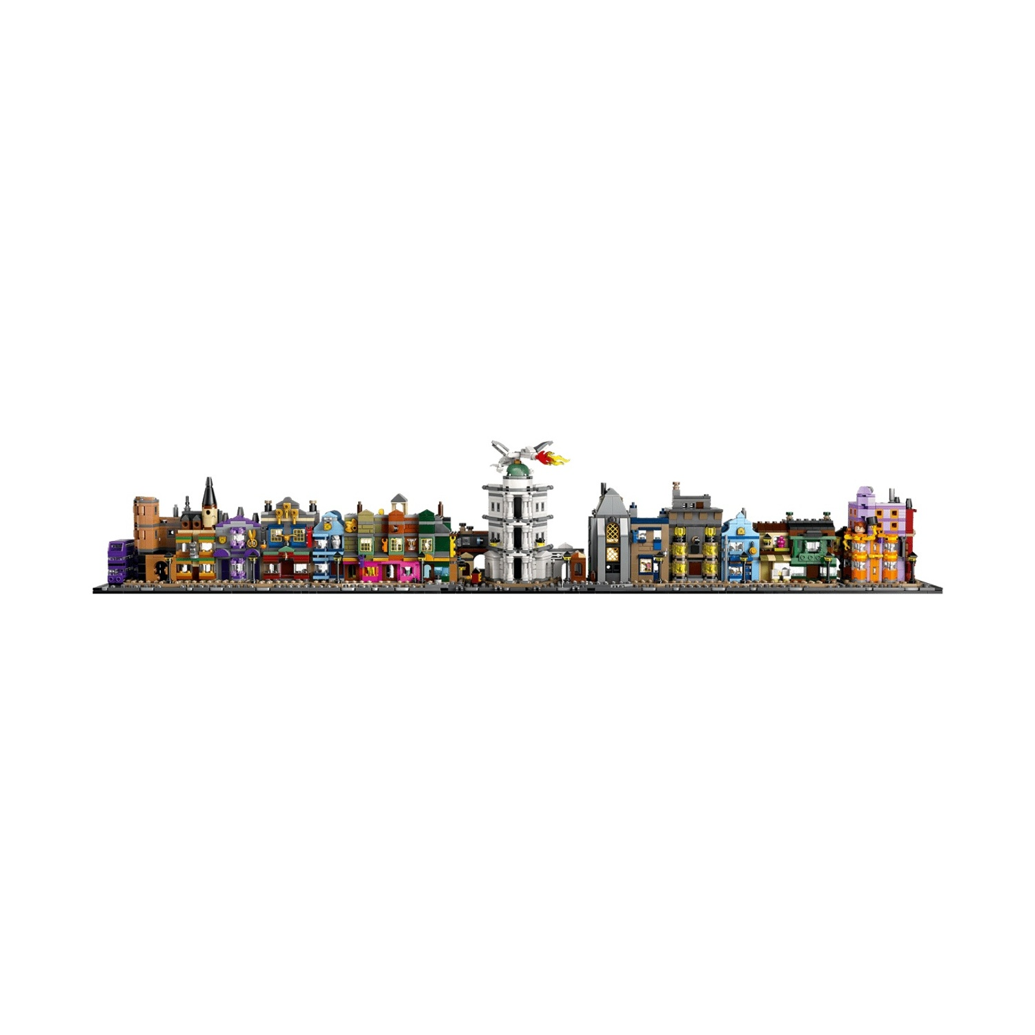 Una fila di colorati edifici Lego con mulino a vento e campanile.