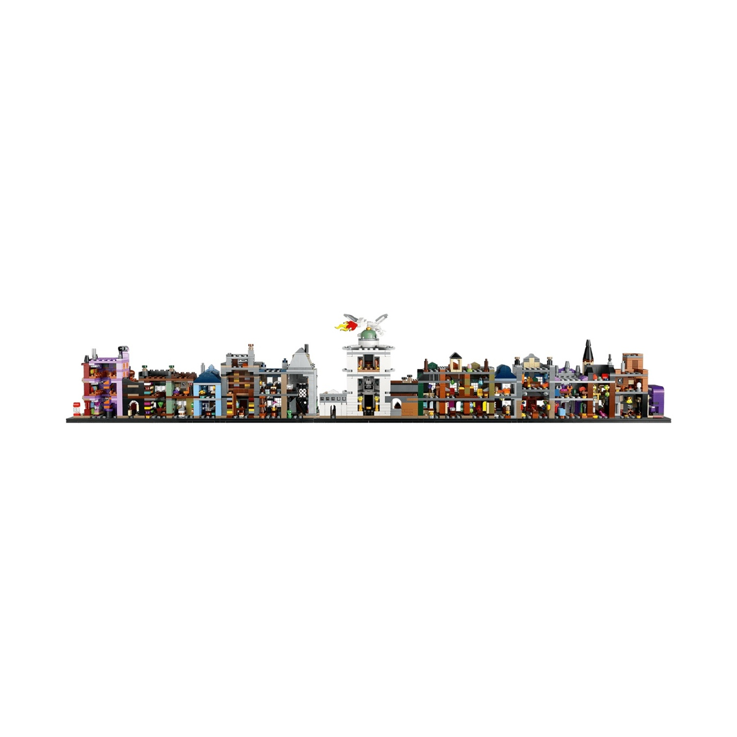 Una fila di edifici Lego con facciate colorate e molte finestre.