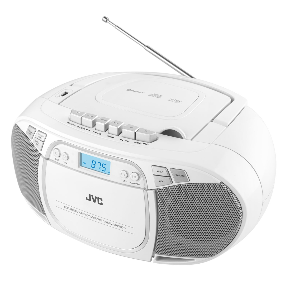 Fehér, hordozható CD-s magnó, rádióval, USB-vel és Bluetooth-szal.