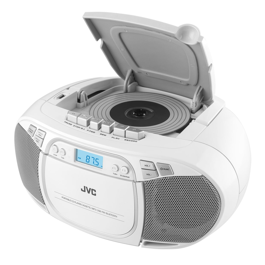 Fehér JVC hordozható CD-lejátszó nyitott fedéllel, CD és kazettás deck. FM 87,5 kijelzése.
