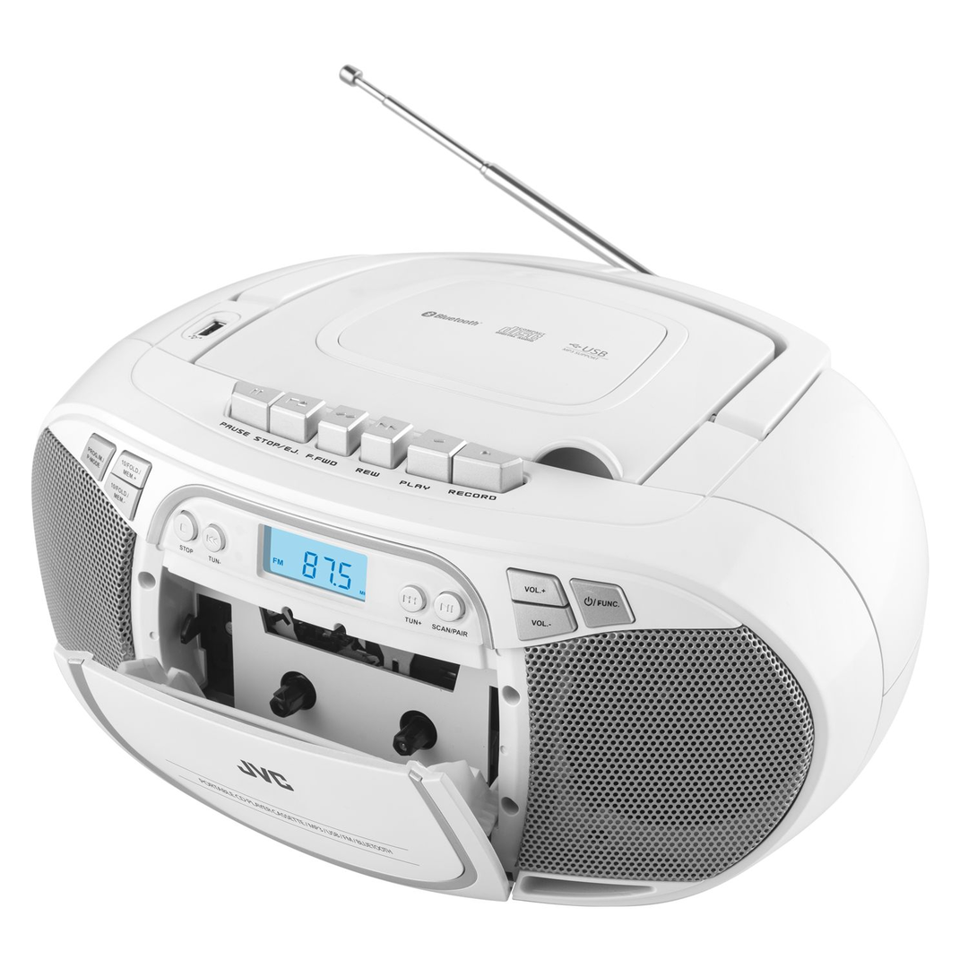 Egy fehér hordozható CD-s magnó CD-lejátszóval, FM rádióval, USB-vel és Bluetooth-szal.